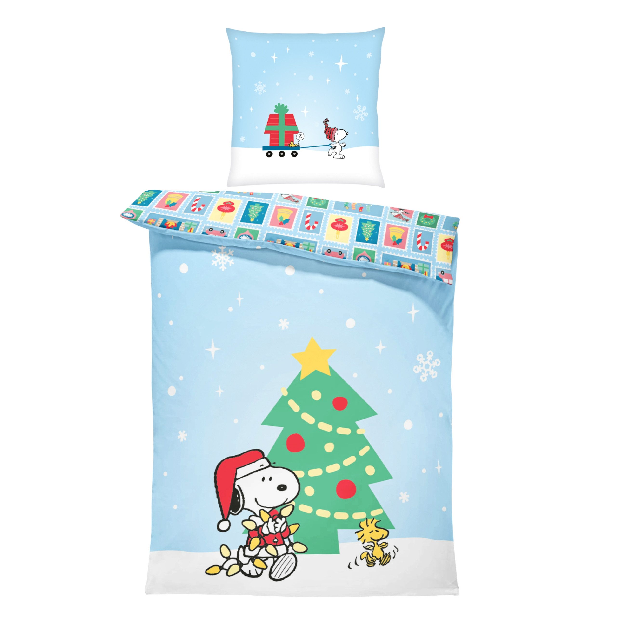 MTOnlinehandel Bettwäsche Snoopy 135x200 cm Peanuts Weihnachtmotiv, Mikrofaser, 2 teilig, Wendebettwäsche für Mädchen und Jungs mit Snoopy & Woodstock – Bild 2 von 5