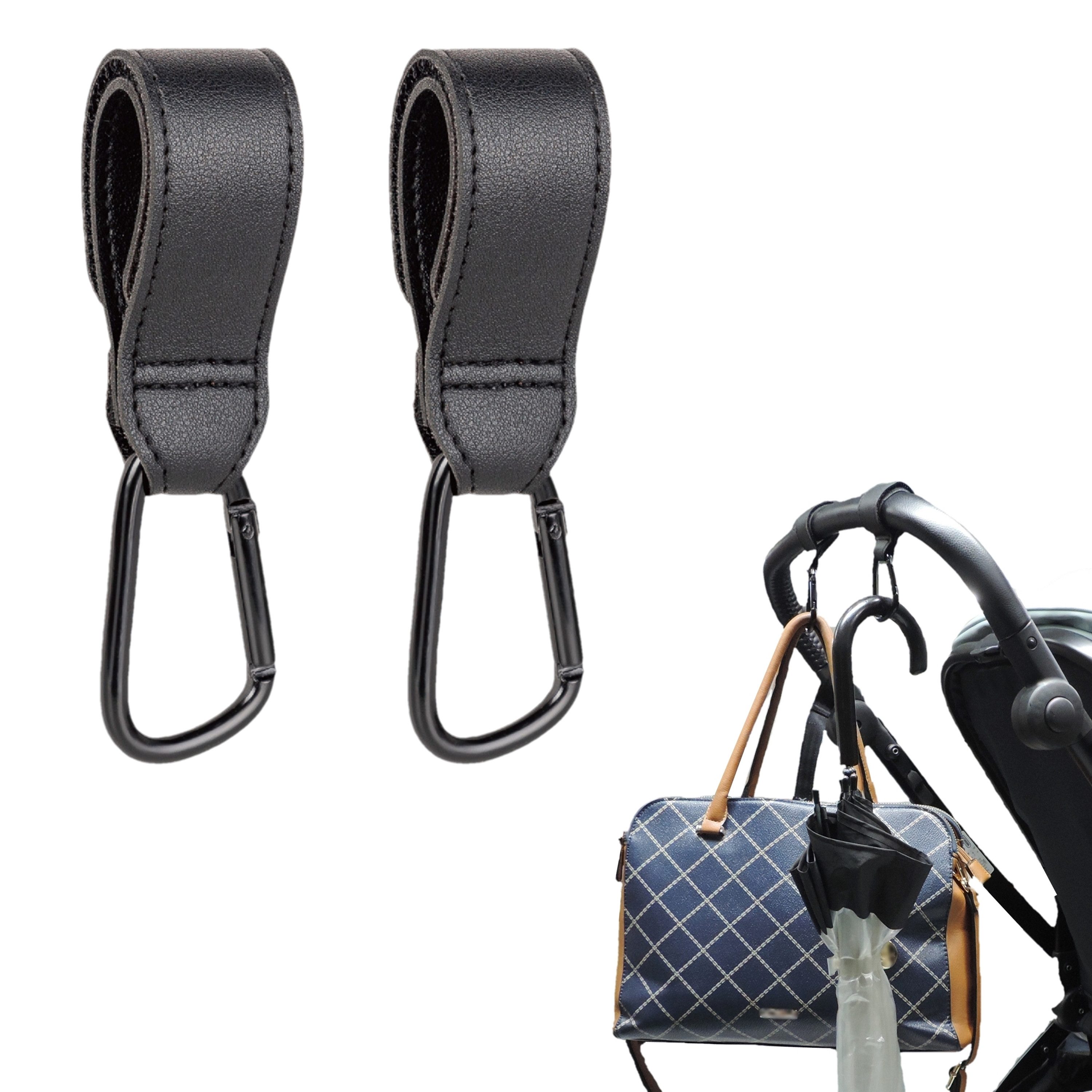 Titaniumbaby Karabiner Kinderwagenhaken StrollerHook - 2 Stück, (Universalhalterung für Taschen, Schirme uvm am Kinderwagengriff), mit Kunstlederschlaufe und Klettbefestigung