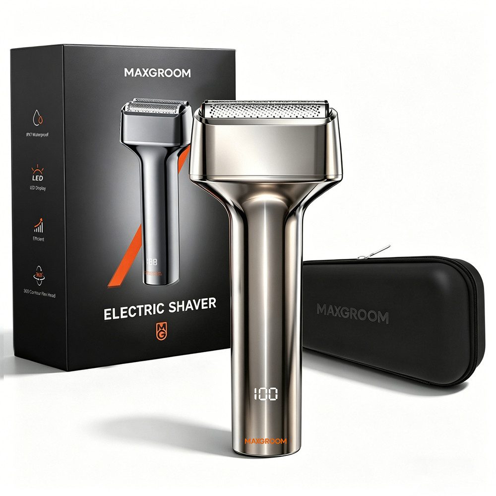 MAXGROOM Elektrorasierer Folienrasierer Bartschneider Reiserasierer, unter fließendem Wasser abspülbar, Langhaarschneider, 12,9 x 5,6 x 3 cm leicht, IPX7, 3D-Scherkopf, LED-Anzeige, USB-C, Reiseetui