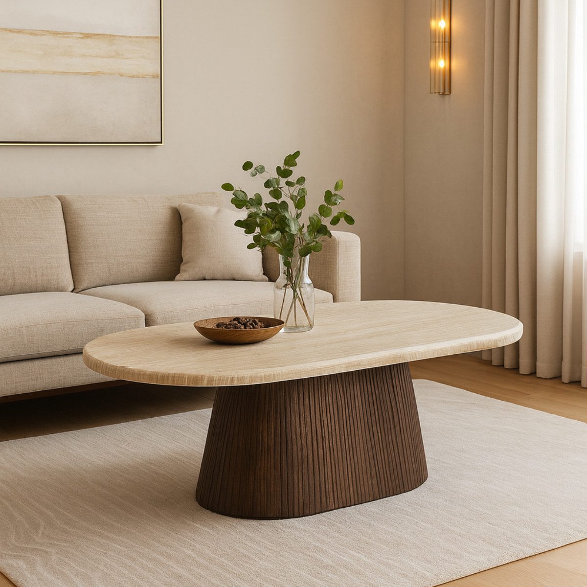 alesvelt Couchtisch Dervio Travertin Tisch mit edlem Tischbein im Säulenstil 130cm (1-Tisch), 90X90X38 CM 70X70X45 CM