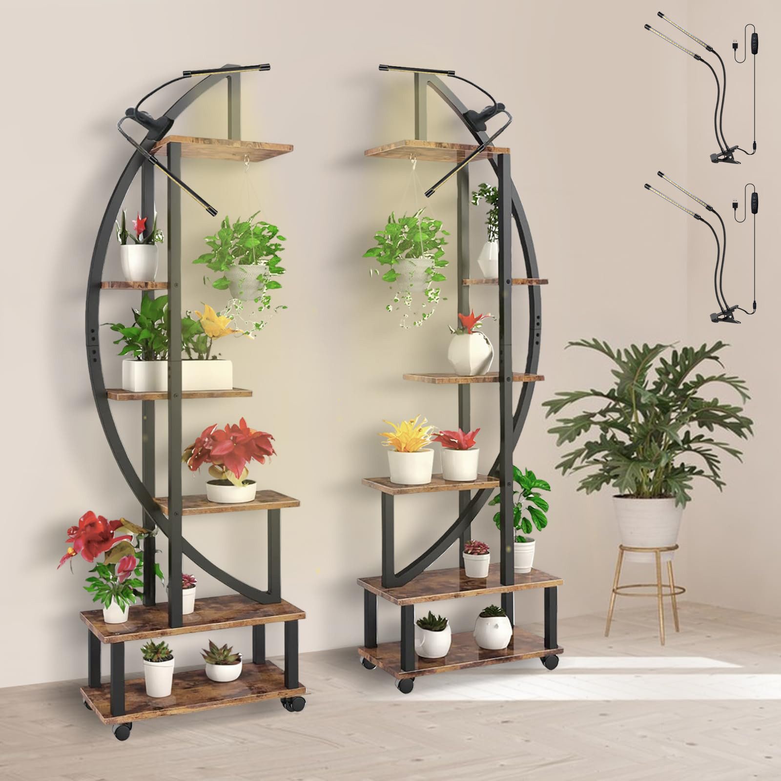LMaxhome Blumenständer 2 Stück 6 Ebenen Metall-Pflanzenständer mit Doppelkopf-Wachstumslicht (2 St), Großes Pflanzentreppe mit abnehmbaren Rädern 165CM Blumenregal, Garten