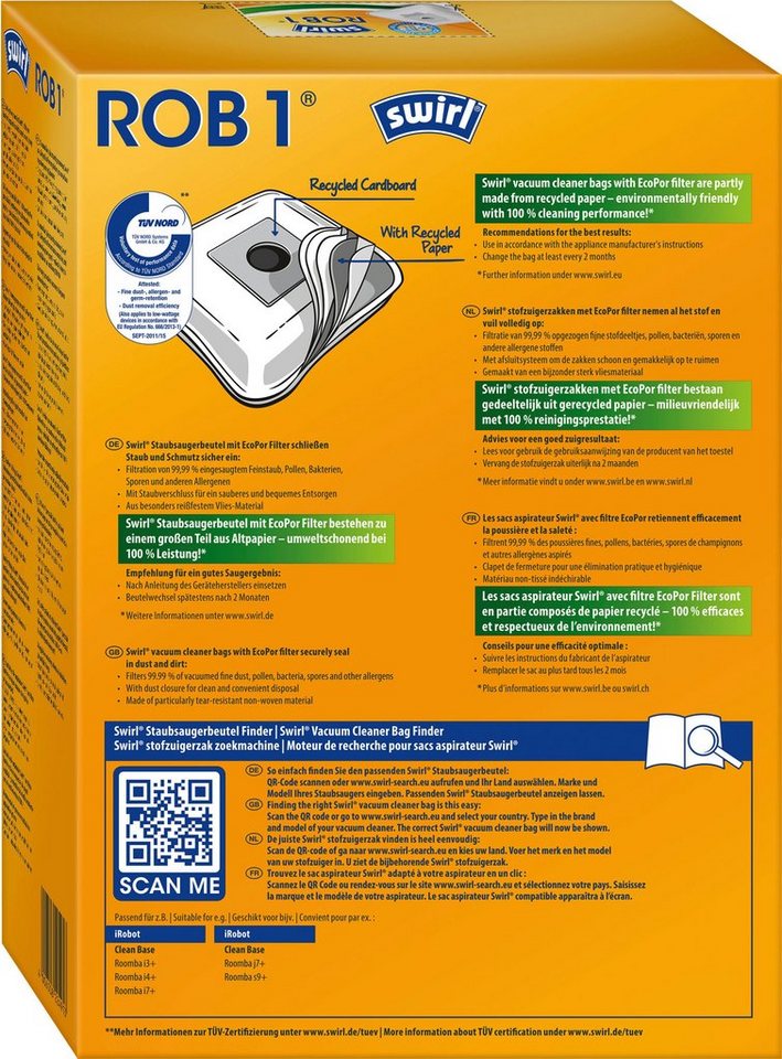 Swirl Staubsaugerbeutel ROB 1®, für iRobot Clean Base Automatische  Absaugstation, 4er-Pack, Filtert bis zu 99,99% des Hausstaubs & allergenen  Feinstaubs