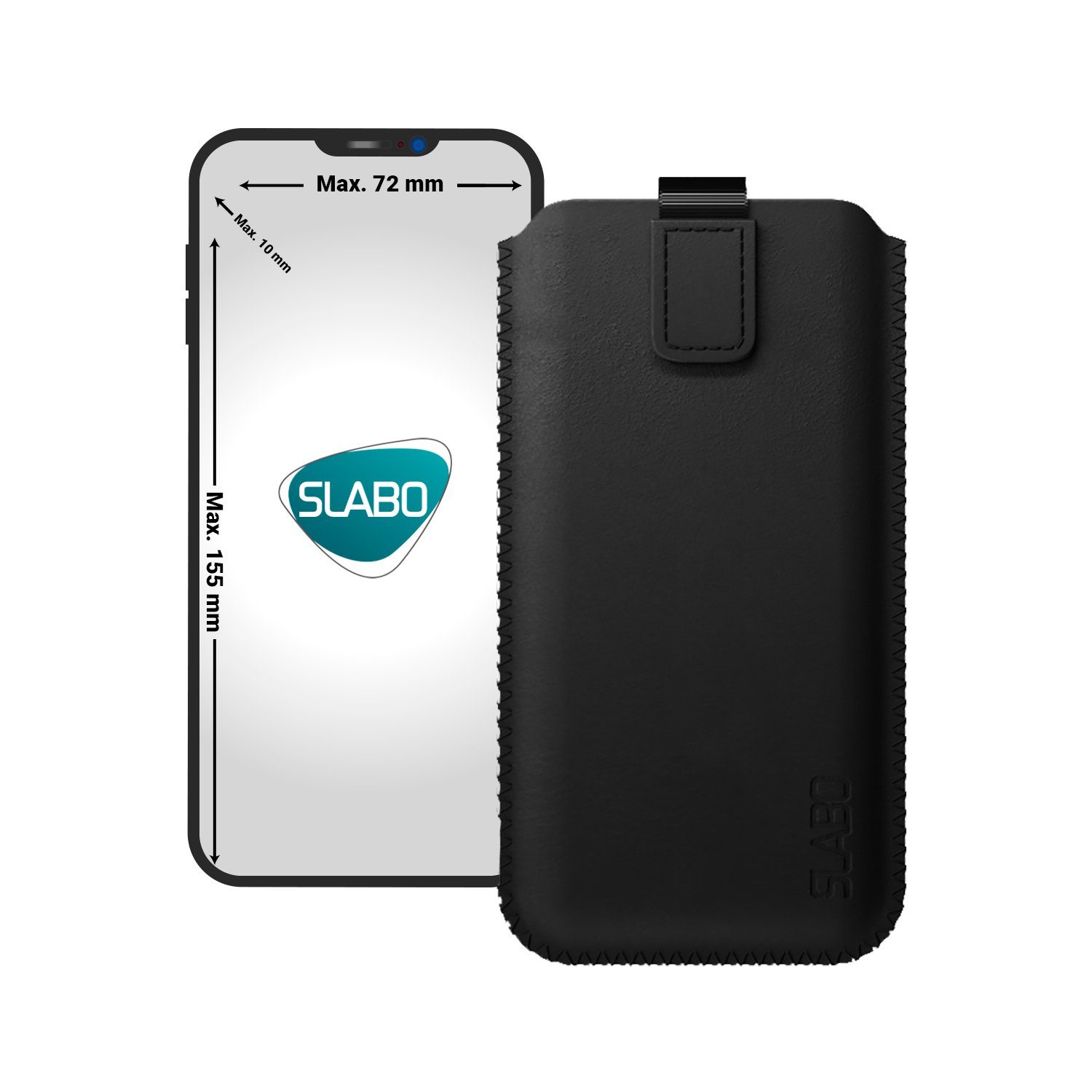 SLABO Handyhülle universelle Schutzhülle für Smartphone (max. 155 x 72 x 10 mm) universal Schutztasche Handyhülle Case mit Magnetverschluss aus Kunstleder - SCHWARZ, BLACK