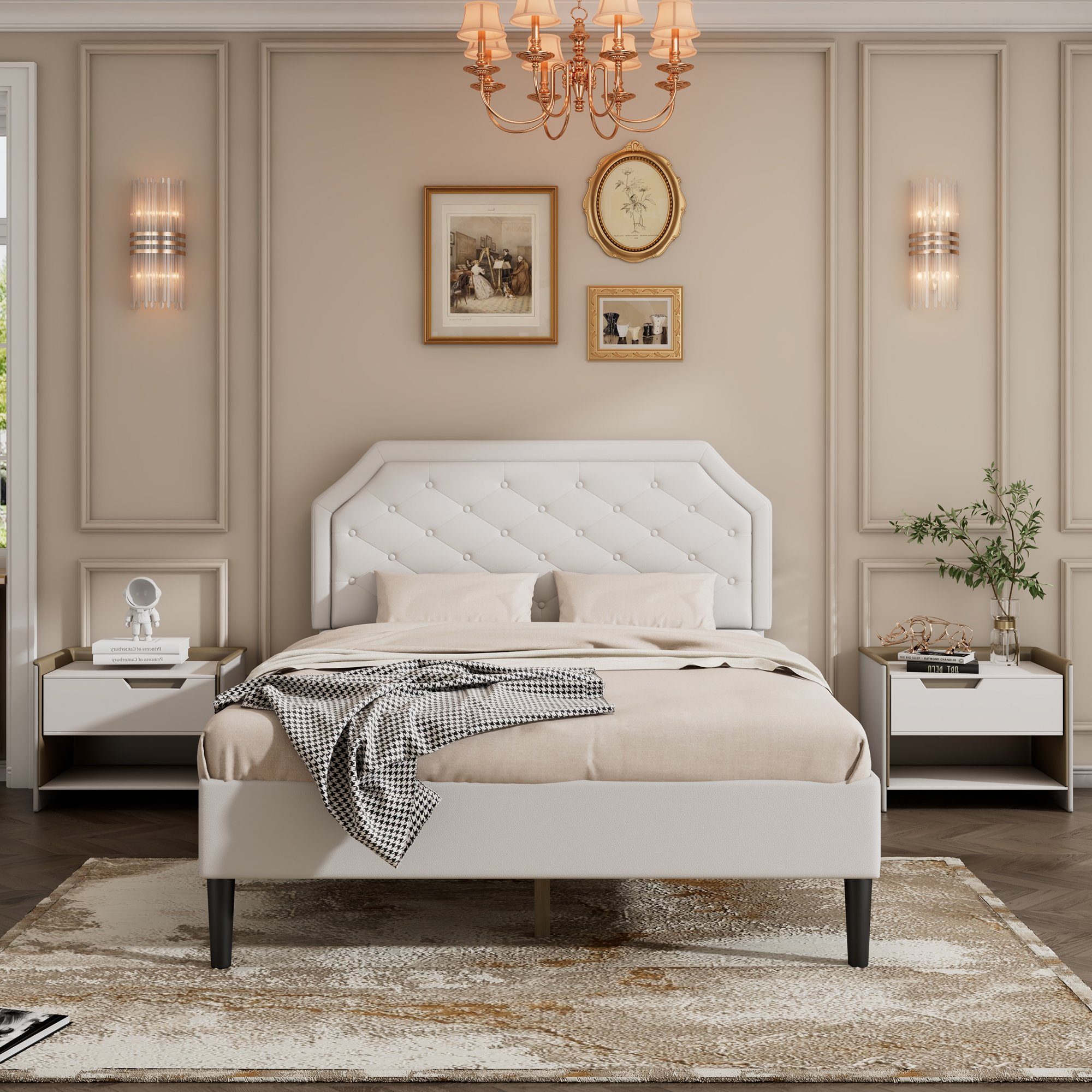 Betthocker Weiß Polsterbett 140x200 Odikalo Schlafzimmer-Set 16-Farbe LED Schubladen Nachttisch