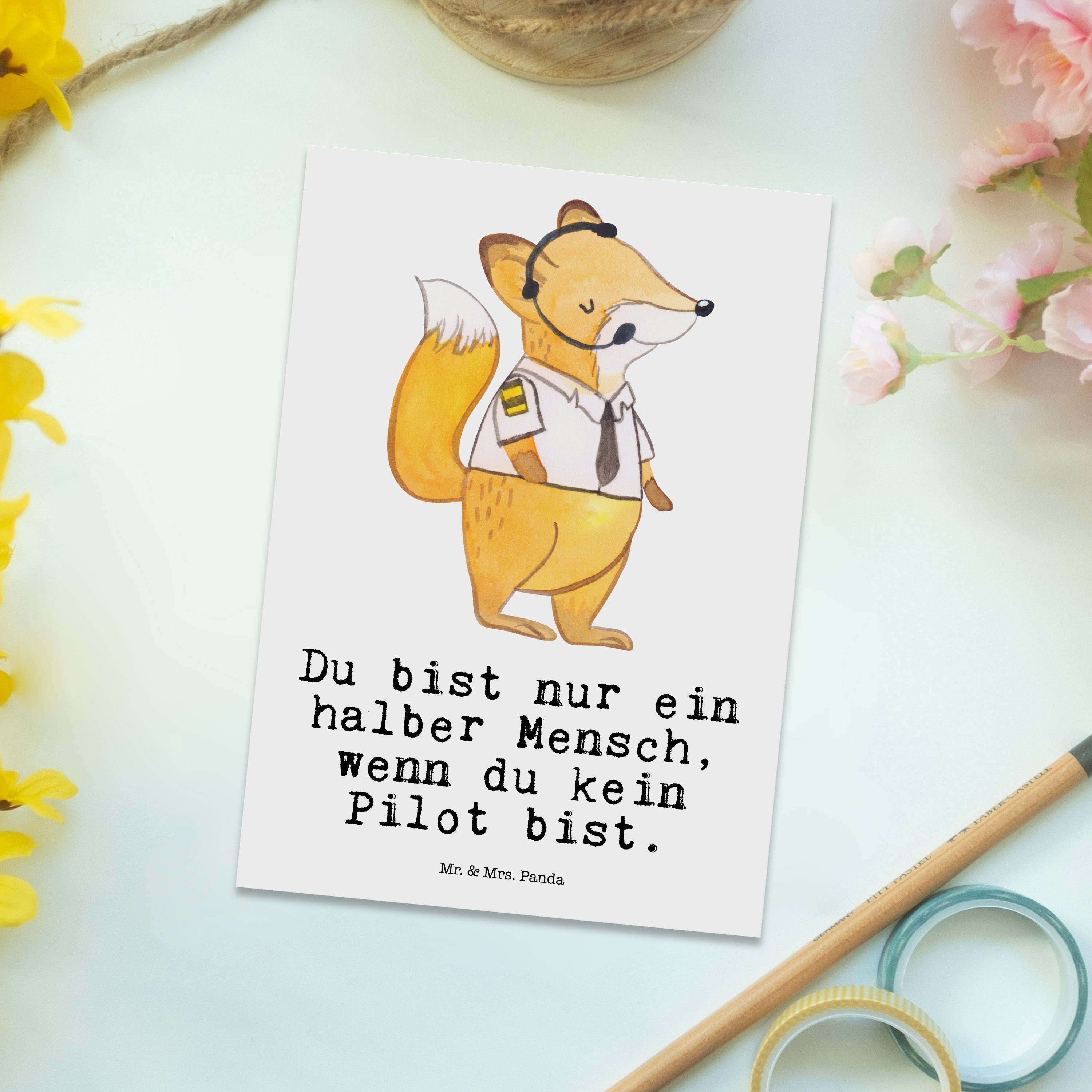 Mr. & Mrs. Panda Postkarte Pilot Geschenkk Cockpit, - Einladungskarte, Herz - Geschenk, mit Weiß