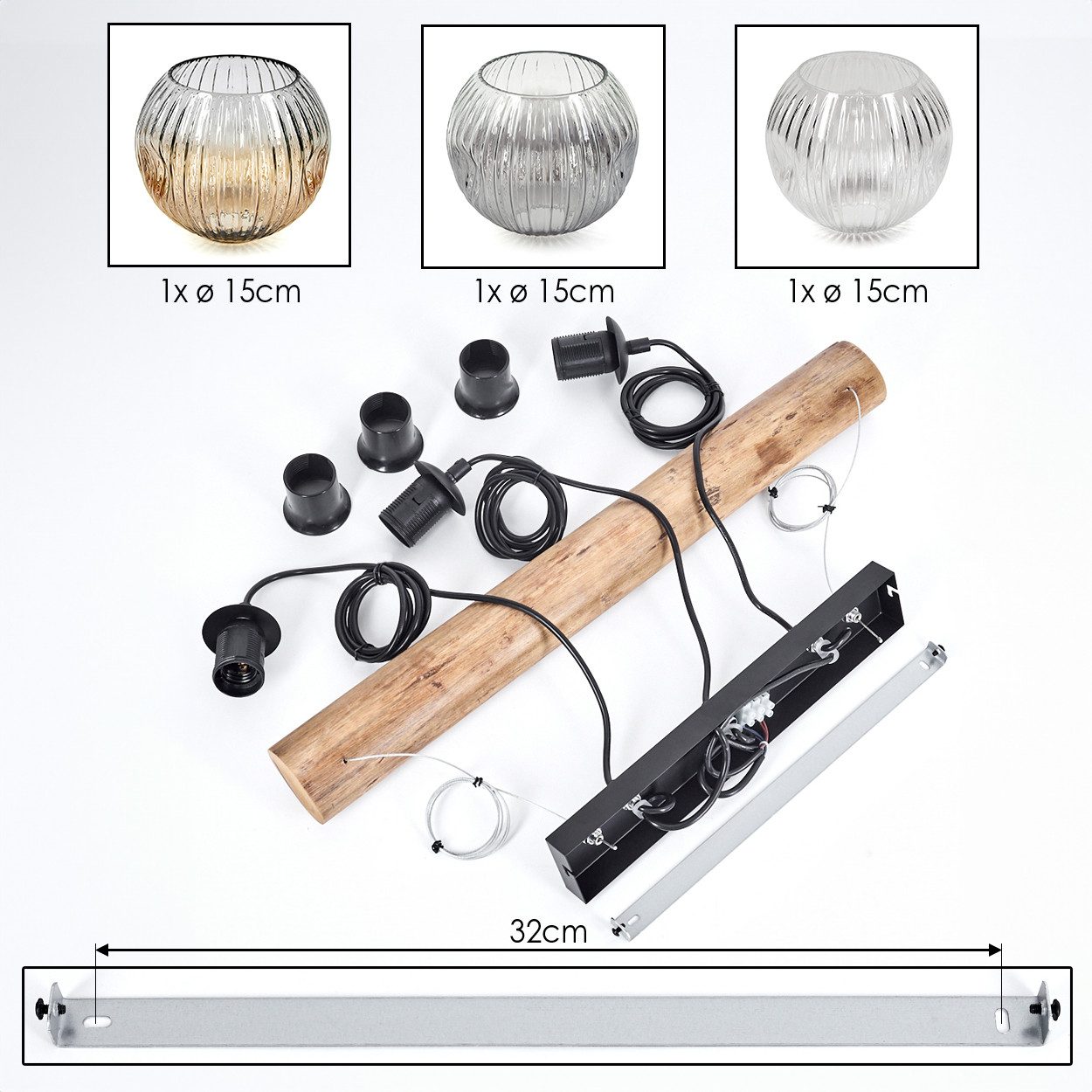 hofstein Pendelleuchte Hängelampe Metall/Holz/Riffelglas, Schwarz/Natur/Rauch/Bernstein/Klar, Hängeleuchte im Retro/Boho-Design m. Holzbalken, (Schirme Ø 15cm), E27