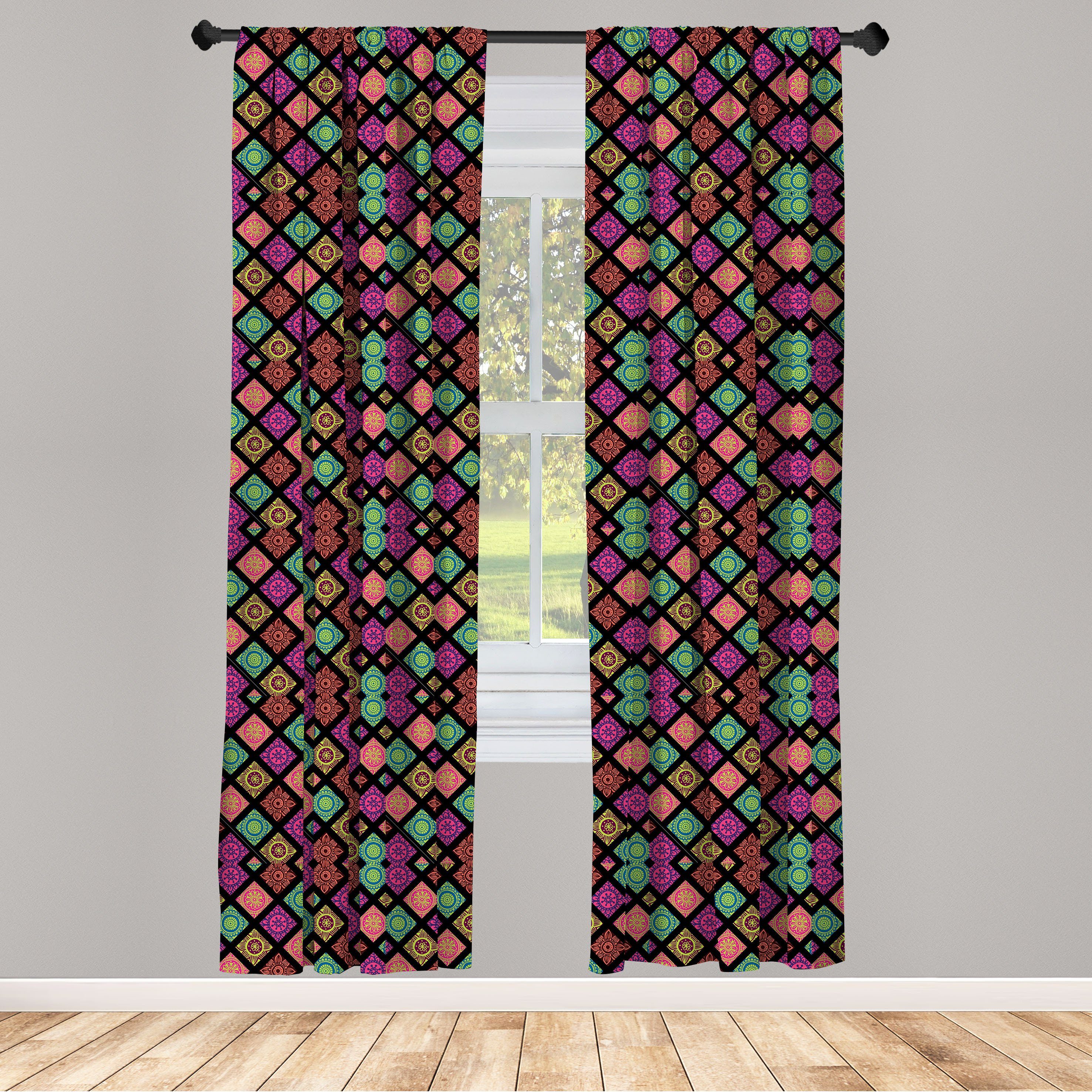Gardine Vorhang für Wohnzimmer Schlafzimmer Dekor, Abakuhaus, Microfaser, Ethnisch Blumen-Mandala-Fliese Bunte