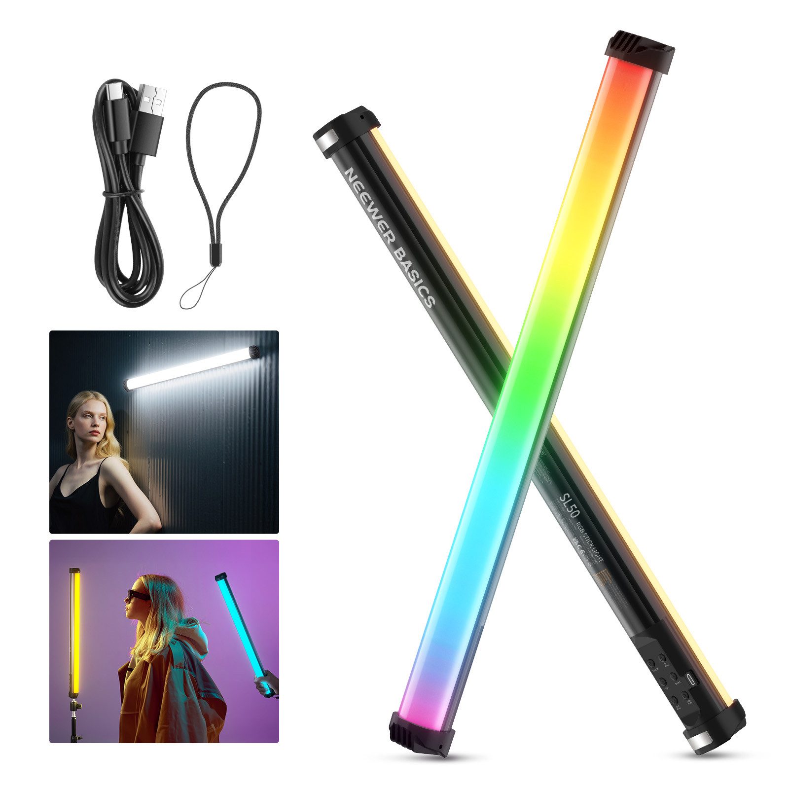 Neewer Videoleuchte SL50 50cm Magnetisch RGB Lichtstab, CRI95 dimmbarer 14W, 4000mAh Akku, LED Video Tube Videolicht Stick, 51 RGB Modi, für Aufnahme Streaming