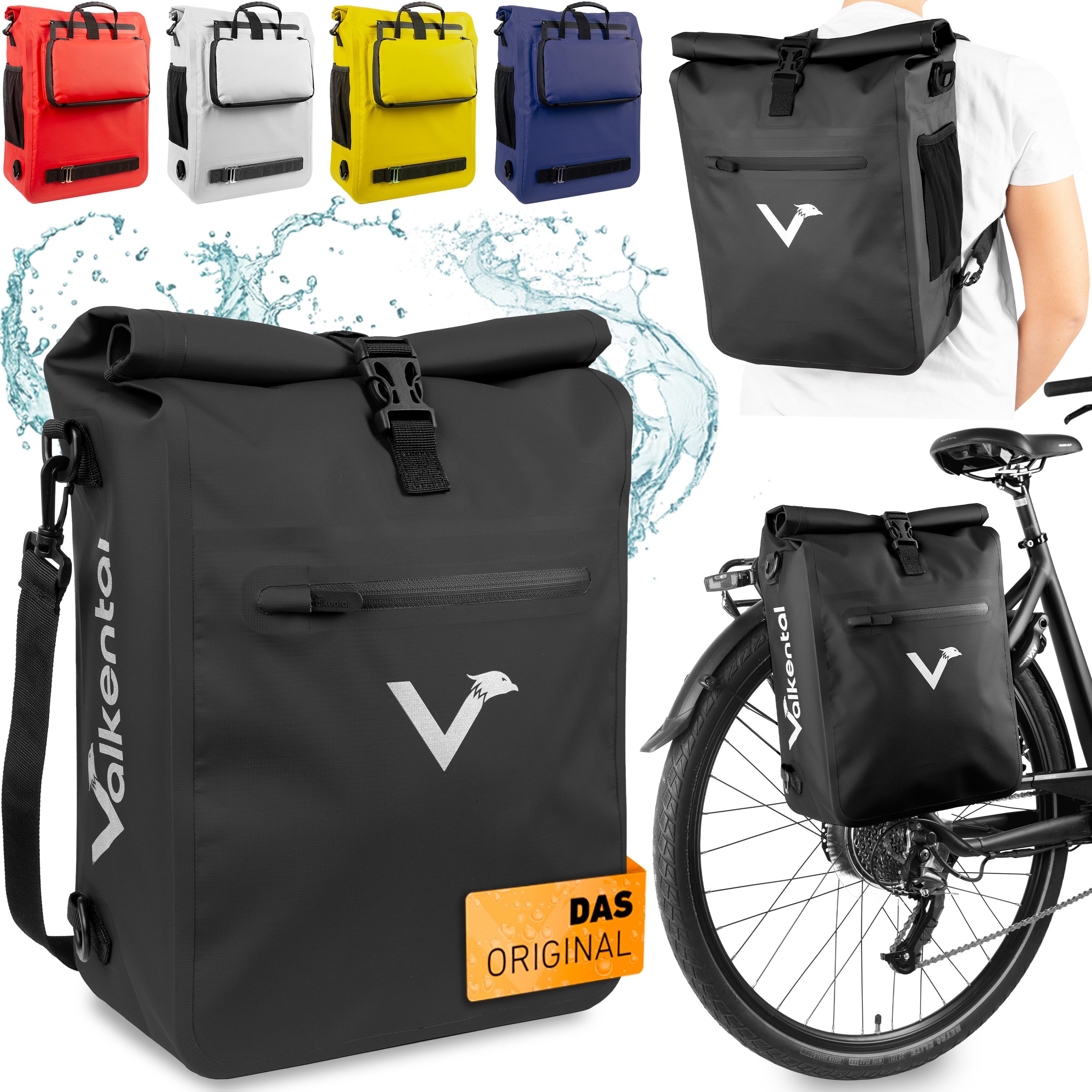 Valkental Fahrradtasche Gepäckträgertasche, Rucksack und Umhängetasche, 3in1 - wasserdicht & reflektierend 25 L