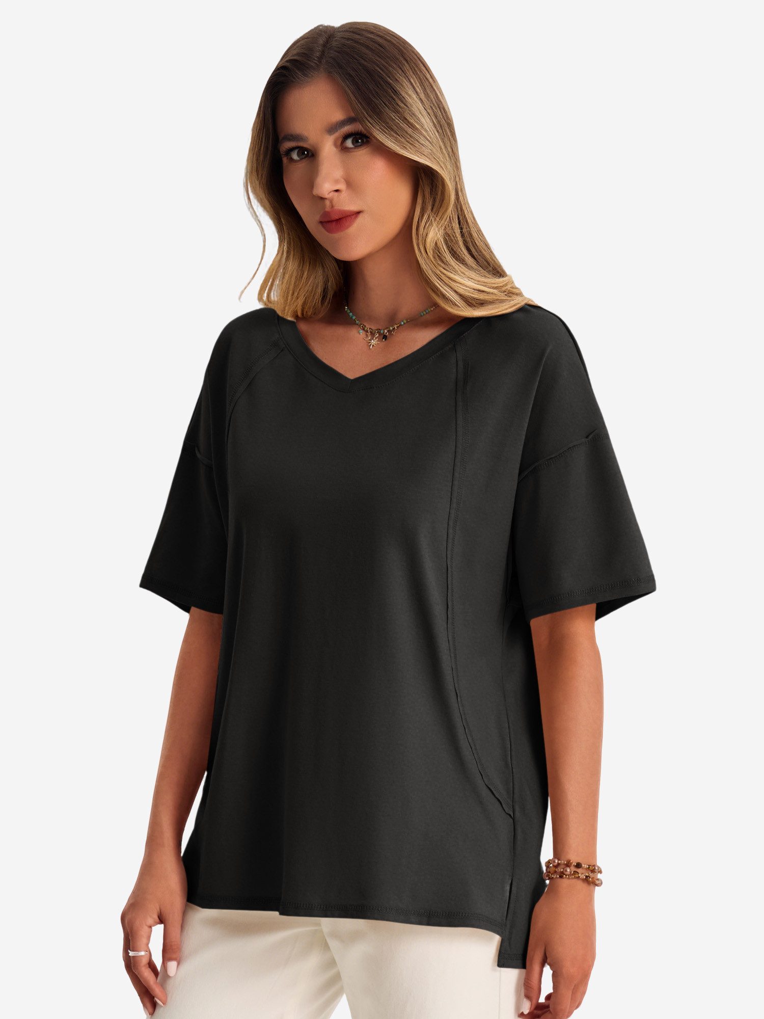 Kurzarmshirt Damen mit V-Ausschnitt Halbarm Seitenschlitzen Casual Loose