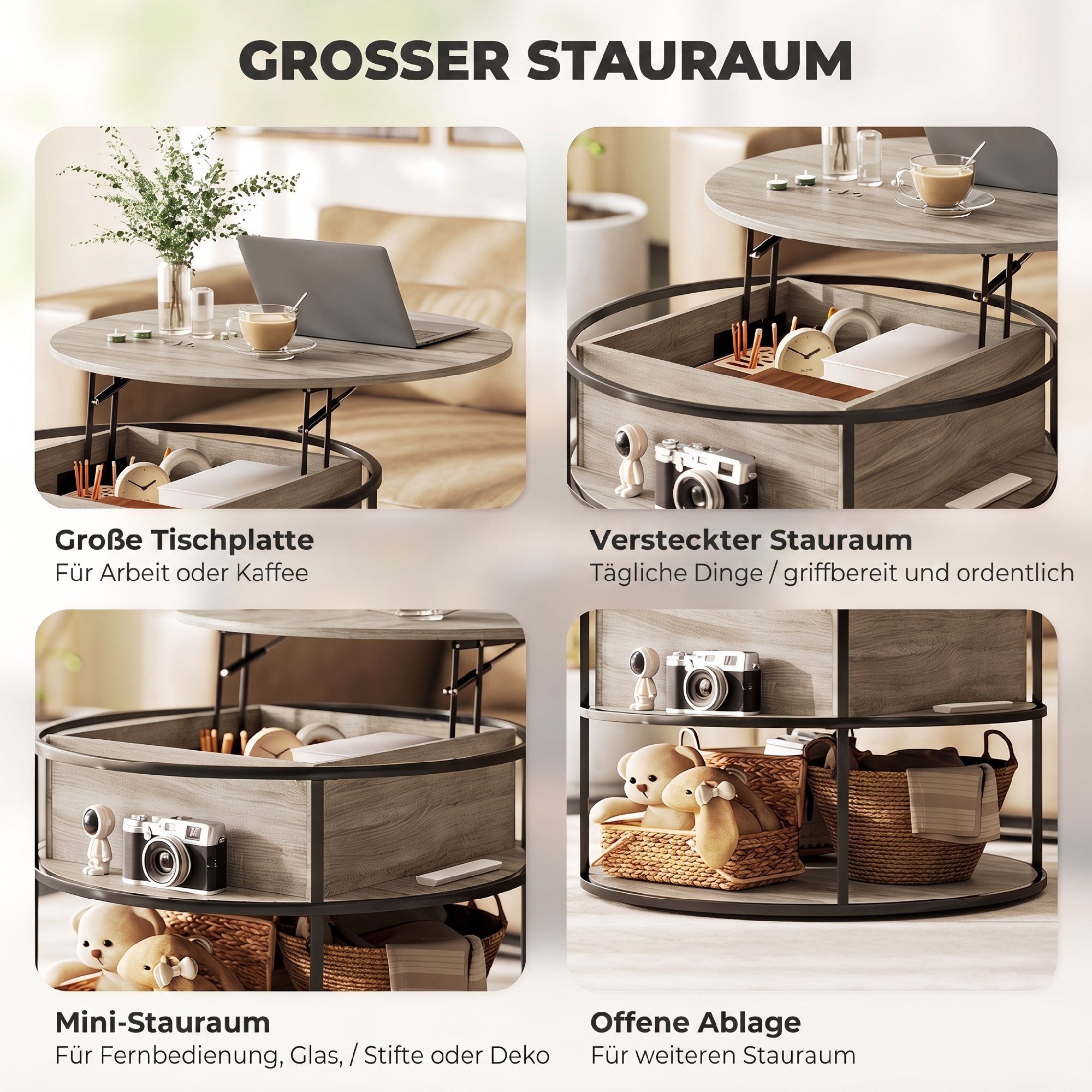 HOMCOM Couchtisch Höhenverstellbar Wohnzimmertisch mit Hebeplatte und Stauraum (runder Tisch mit Ablagefläche, verstecktem Fach, 1-St., für Wohnzimmer, Heimbüro – Bild 5 von 5
