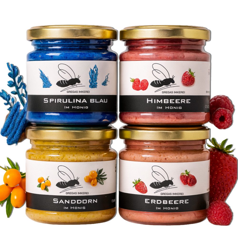 Grega´s Imkerei Honig 4er Box – Honigsüßer Brotaufstrich, 4 x 250 g, (perfektes Probier- & Geschenkset), 4 Gläser mit Erdbeere Himbeere Sanddorn sowie Spirulina Blau im Honig