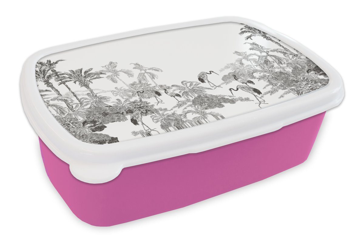 MuchoWow Lunchbox Dschungel - Vögel - Schwarz - Weiß, Kunststoff, (2-tlg), Brotbox für Erwachsene, Brotdose Kinder, Snackbox, Mädchen, Kunststoff rosa