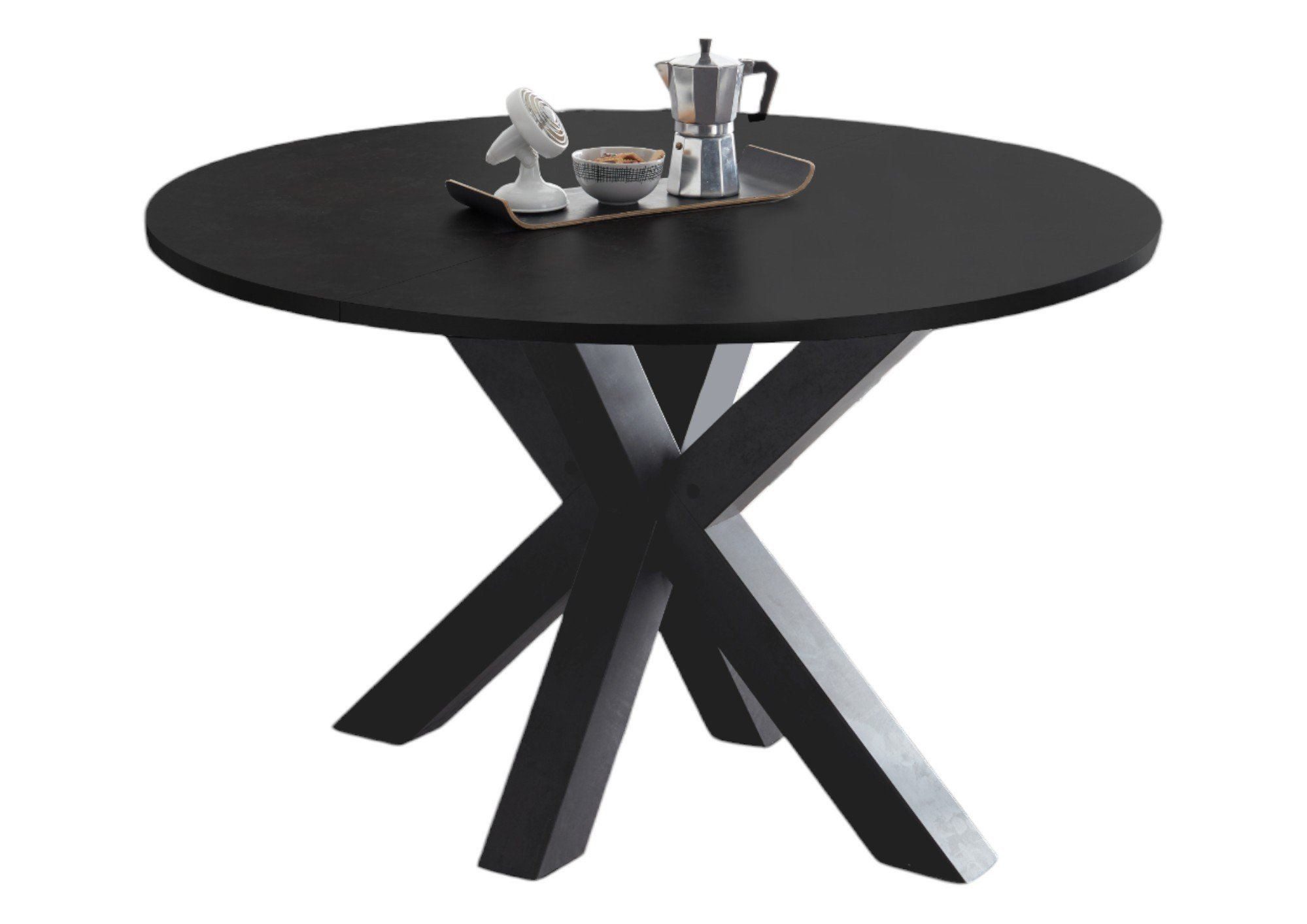 58 aufm Kessel Esstisch Rund ausziehbar Edda 8 Ø 110 cm Küchentisch Graphit/Schwarzstahl (inkl. Lieferung, Esszimmertisch), Esszimmertisch erweiterbar auf 150 cm 4-Fuß Gestell in Sternfom