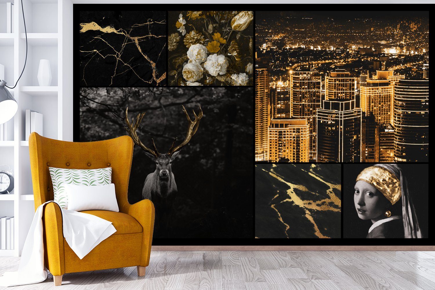 Gold, Wohnzimmer, (6 Mädchen bedruckt, mit Schlafzimmer, Fototapete für Vinyl Perlenohrring Collage Wallpaper - Kinderzimmer, - Matt, Tapete St), MuchoWow
