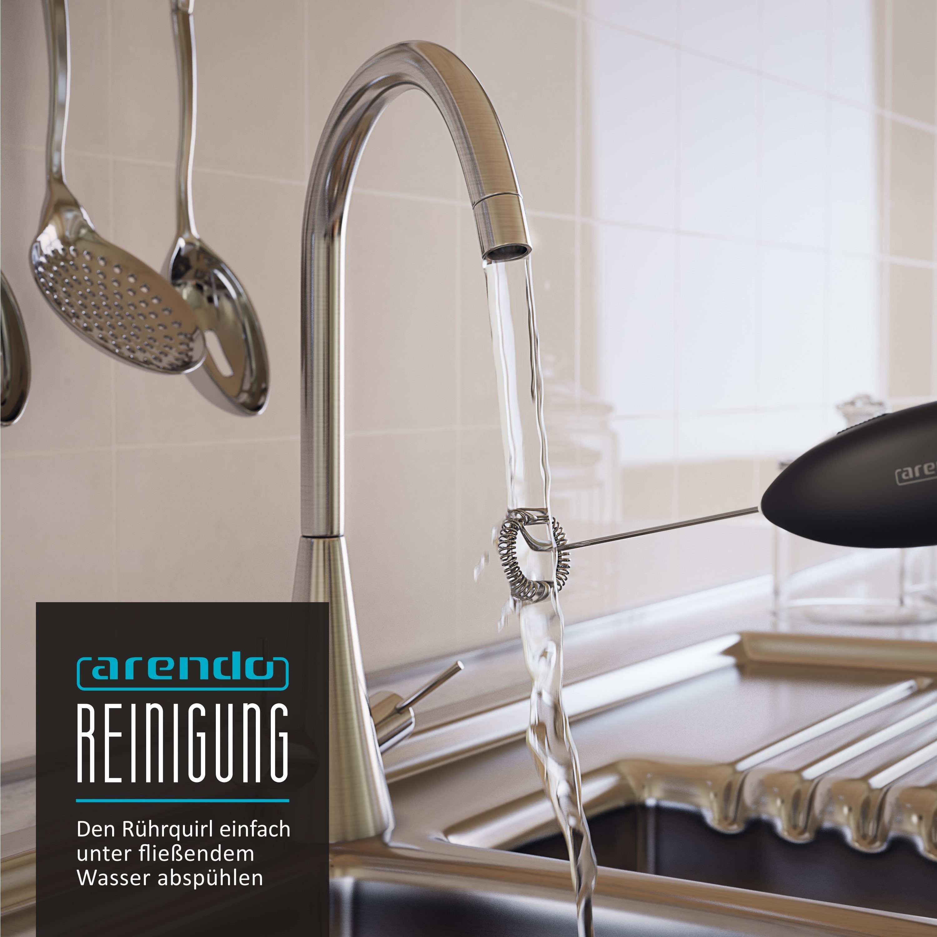 Arendo Milchaufschäumer elektrischer Handmilchaufschäumer, Edelstahl Stab & Spezialspirale, Batteriebetrieb, Motor mit 14.200 U/min, Standhalterung inklusive