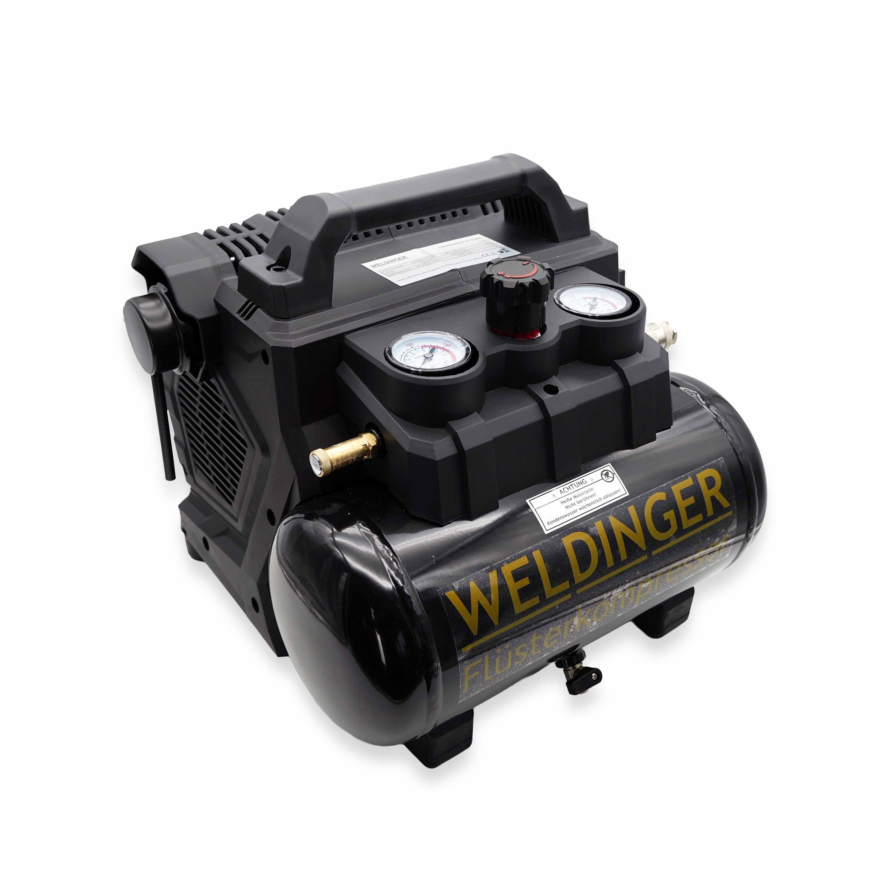 WELDINGER Kompressor Flüsterkompressor FK 70 akku 8 bar 6 Liter Tank 400 W 60 l/min 18V DC, 400 W, max. 8 bar, 6 l, 6-Liter-Behälter, 60 l/min Luftabgabe bei 6 bar und 400 W Leistung