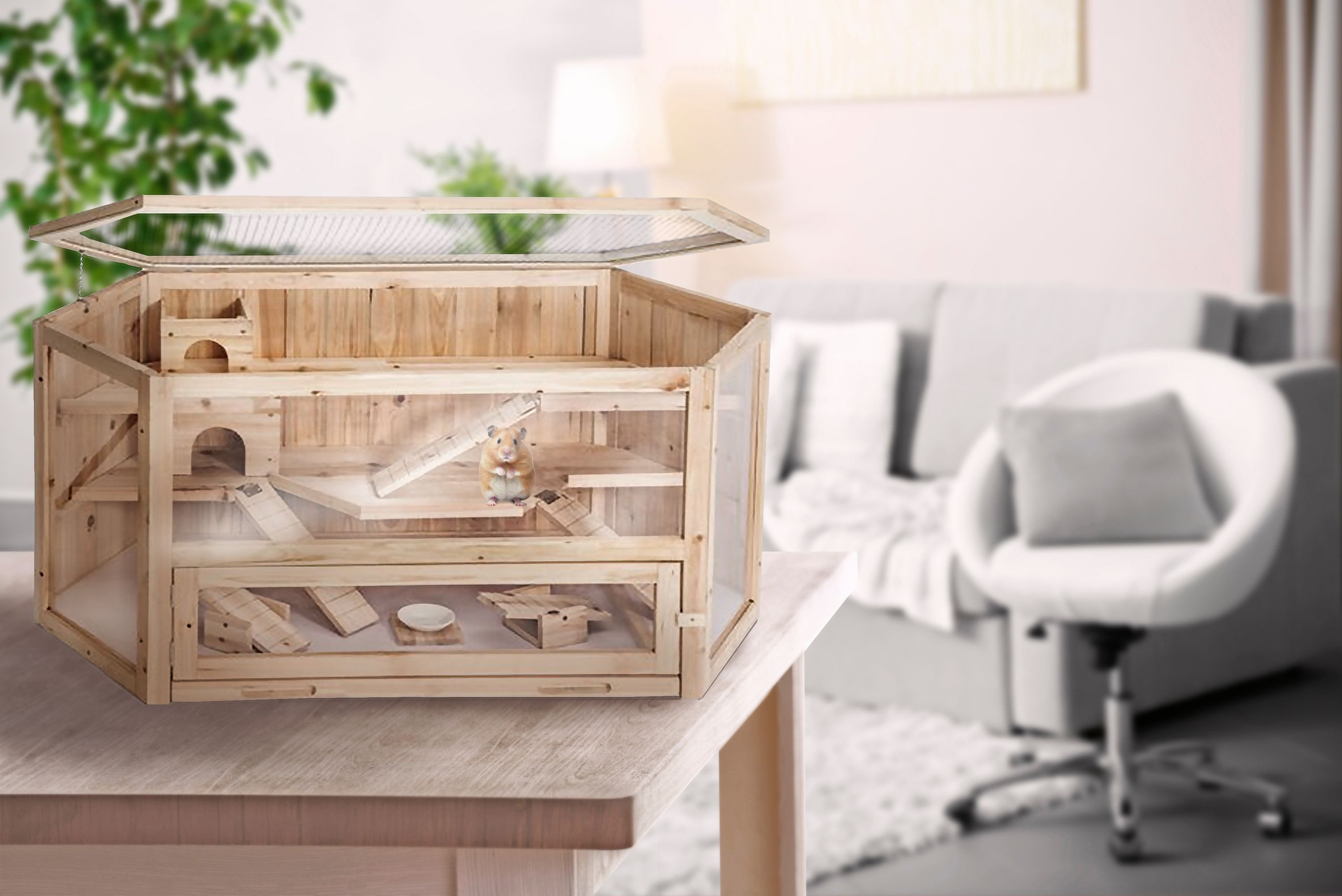 HTI-Living Kleintierkäfig Hamsterkäfig aus Holz und Plexiglas, Nagerkäfig Kleingehege