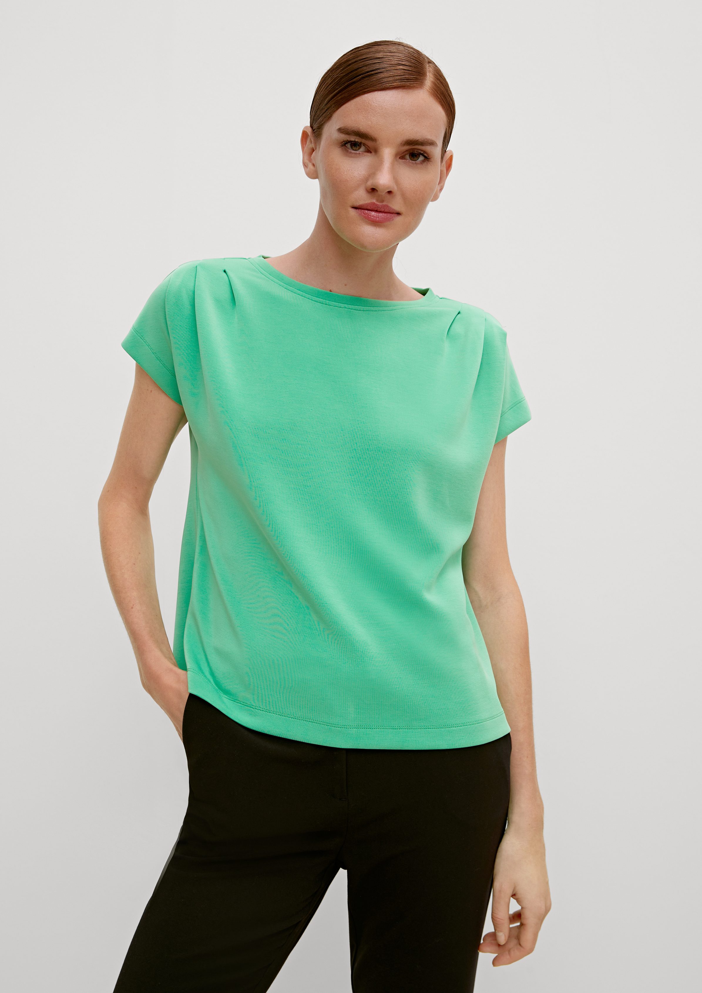 Modalmix Kurzarmshirt aus Stickerei grün Sweatshirt Raffung, Comma
