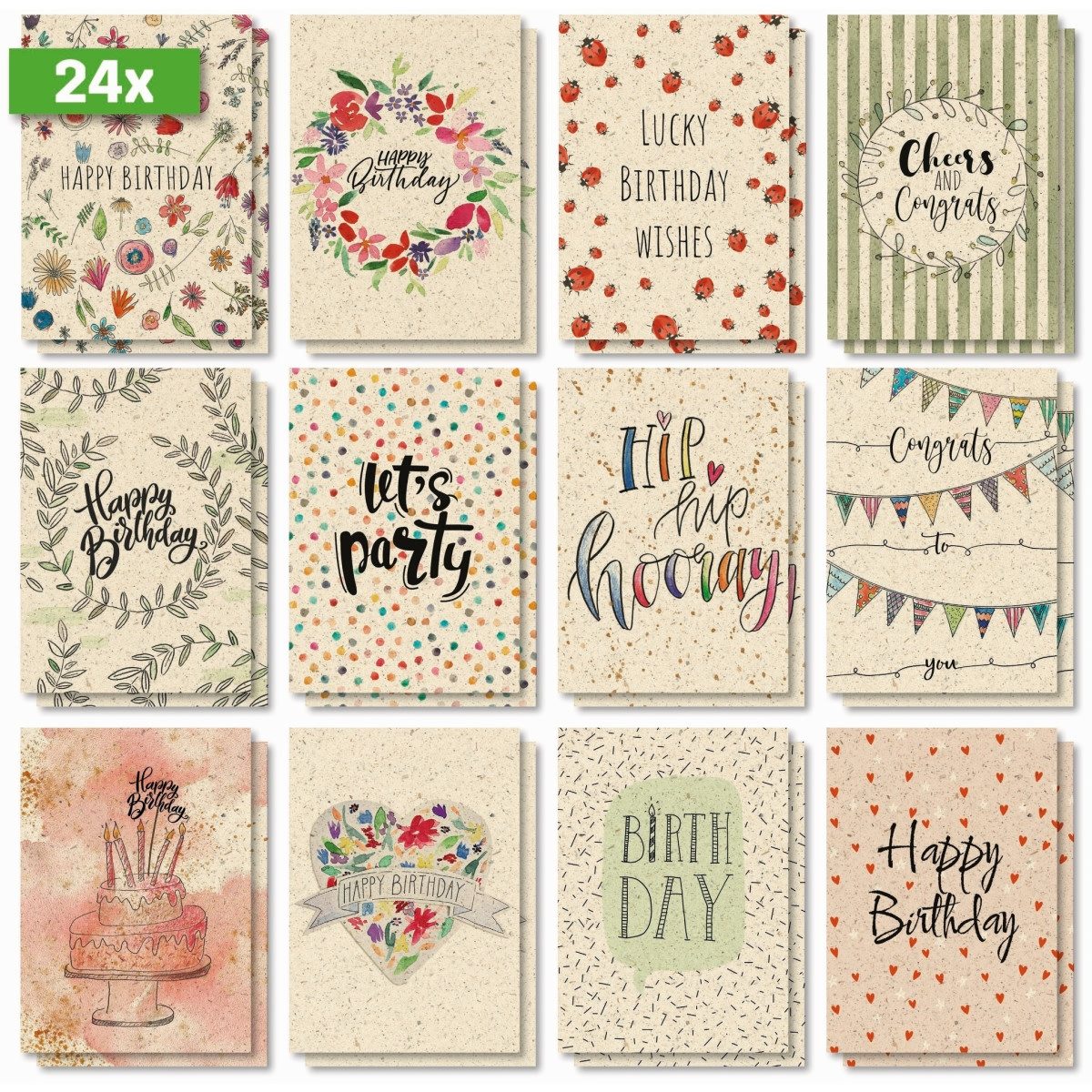 Sigel Klappkarte Geburtstags-Postkarten-Set A6 240g Happy Grassy Birthday 24 Stück