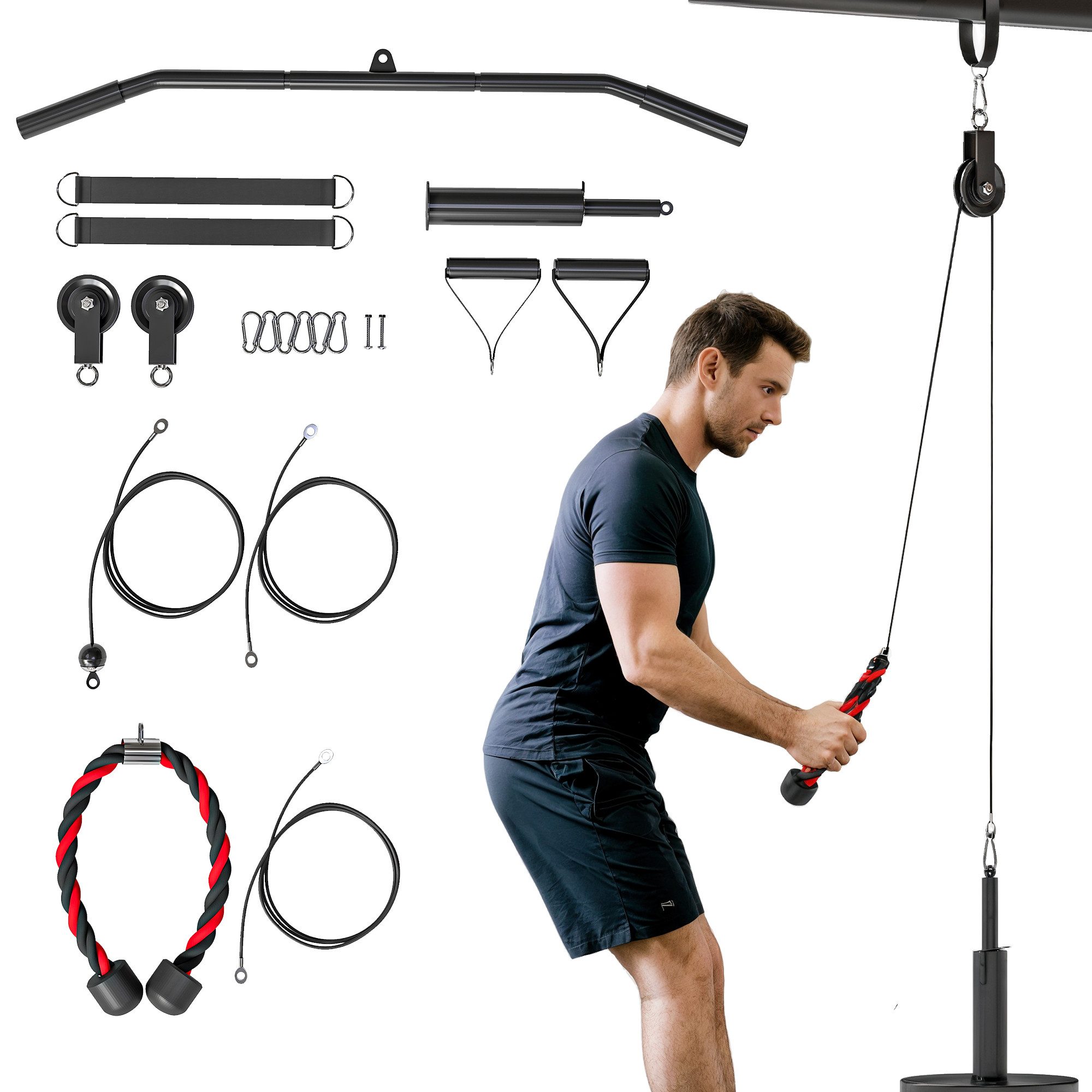 SPORTNOW Kraftstation Fitness Latzug für LAT Pull Down, Bizeps Curl, 0 Gewichtsblöcke (Kabelzugsystem, 10-tlg., für verschiedene Übungen), Stahl, All-in-1-Set, Schwarz