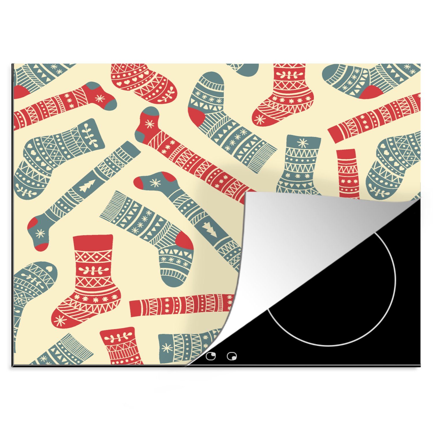 MuchoWow Herdblende-/Abdeckplatte Weihnachten - Socken - Schnittmuster, Vinyl, (1 tlg), 60x52 cm, Mobile Arbeitsfläche nutzbar, Ceranfeldabdeckung