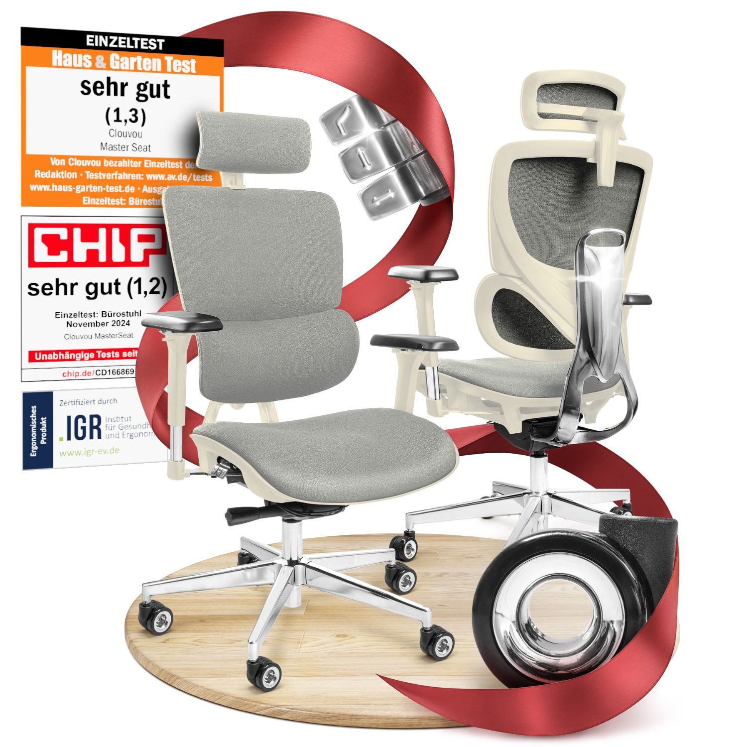 CLOUVOU Bürostuhl Ergonomisch, Schreibtischstuhl bis 150 kg - Testsieger (MasterSeat - Chefsessel für Arbeitszimmer, 4D Gaming Armlehnen), Blade Wheels, Homeoffice, Gaming Stuhl, Drehstuhl