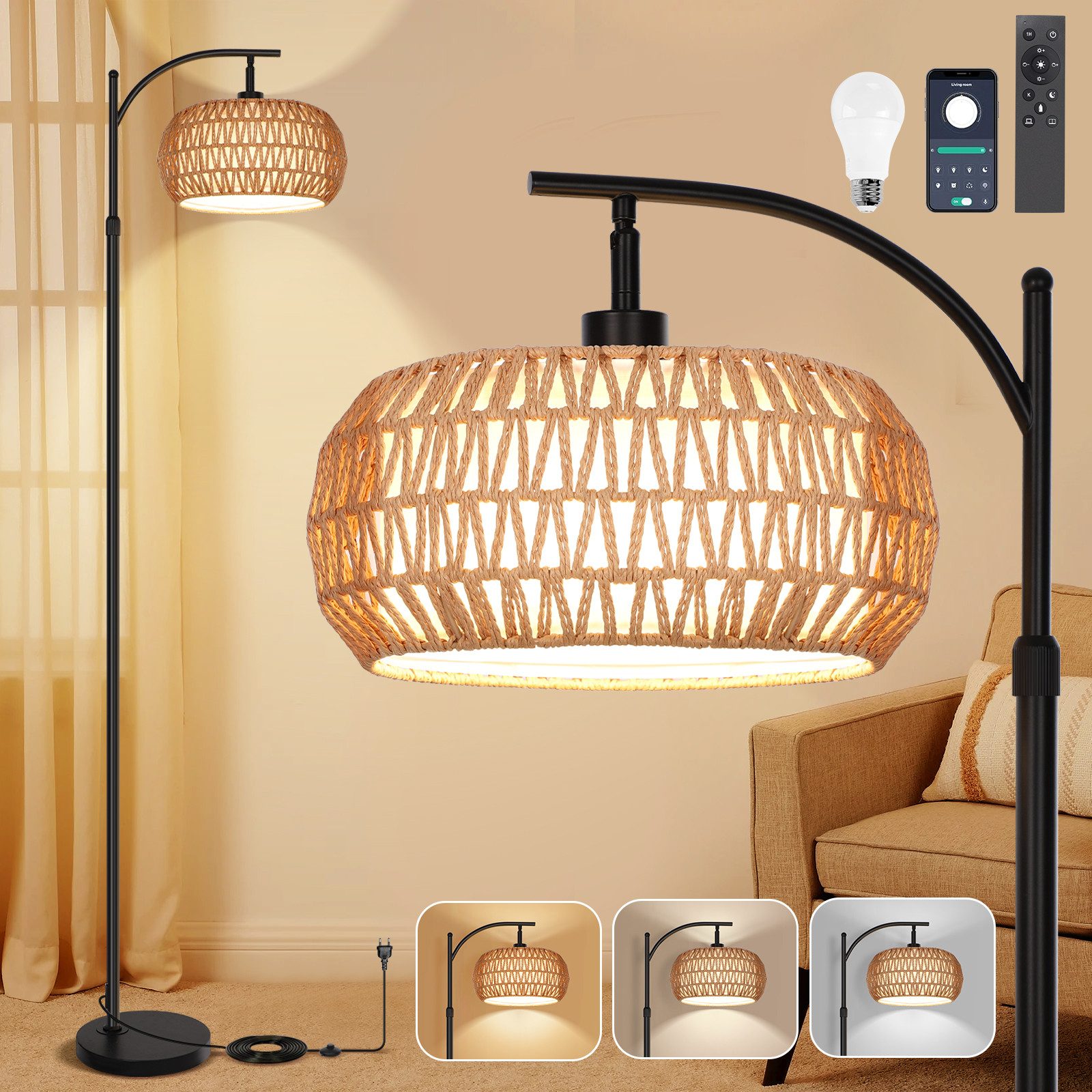 Stehlampe LED Stehlampe,Bettlampe Dimmable,Rattan Boho LED Stehleuchten