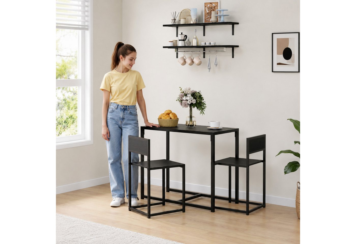HOMCOM Essgruppe Esstisch mit 2 Stühlen Platzsparend Küchentisch-Set Schwarz, (Esstisch mit 2 Stühlen, 3-tlg., Platzsparend Esszimmergruppe), für Esszimmer, Küche Schwarz