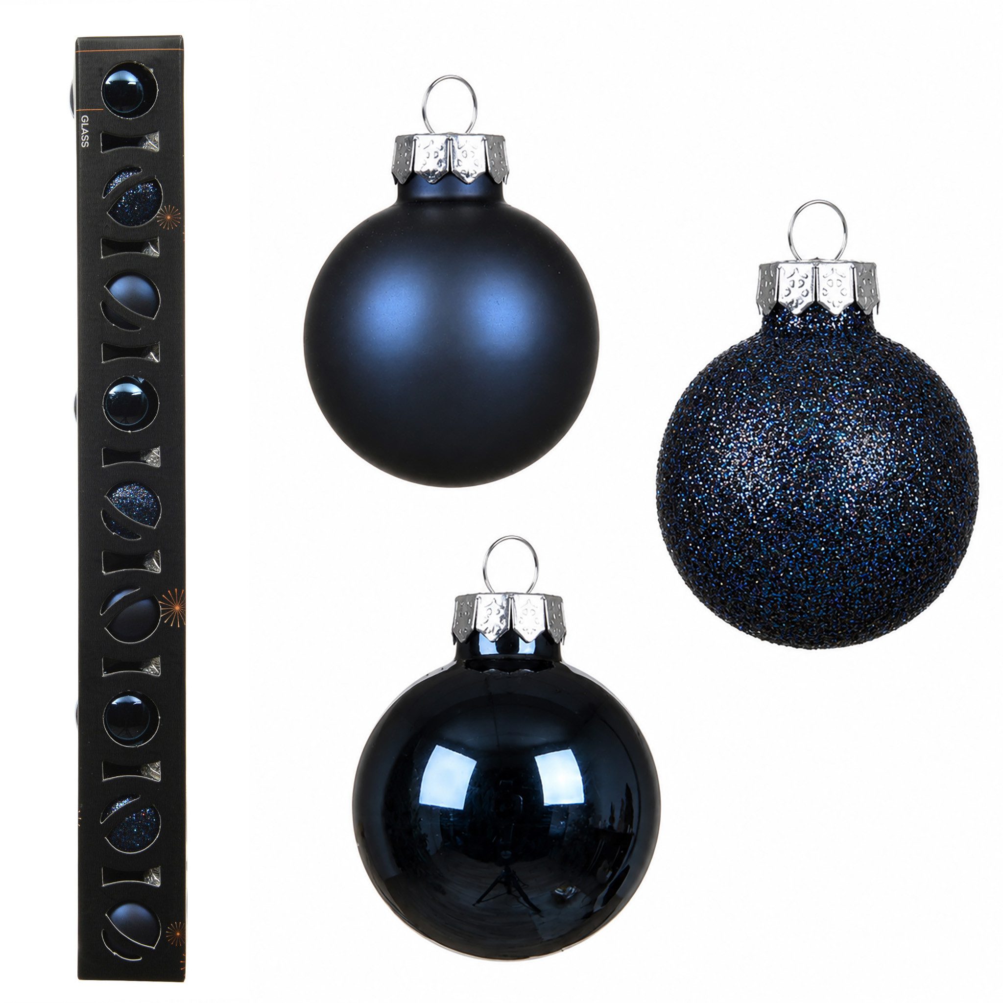 Kaemingk Weihnachtsbaumkugel, Weihnachtskugeln Glas 3cm Glanz Matt Glitzer 9er Set - Nachtblau