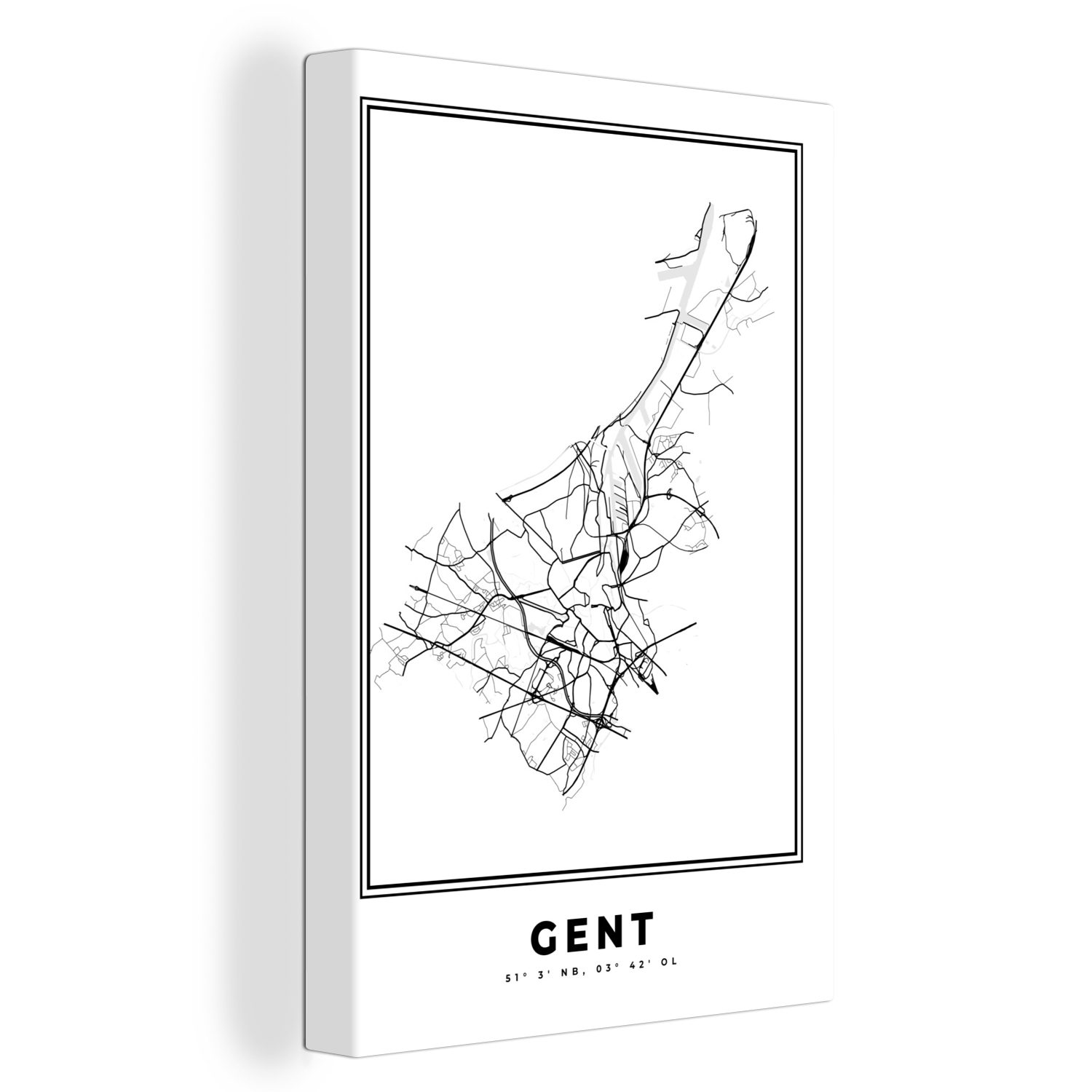 Leinwandbild - cm OneMillionCanvasses® Zackenaufhänger, (1 Stadtplan Leinwandbild inkl. fertig bespannt weiß Gemälde, Gent Karte Belgien, 20x30 - St), Schwarz - und -