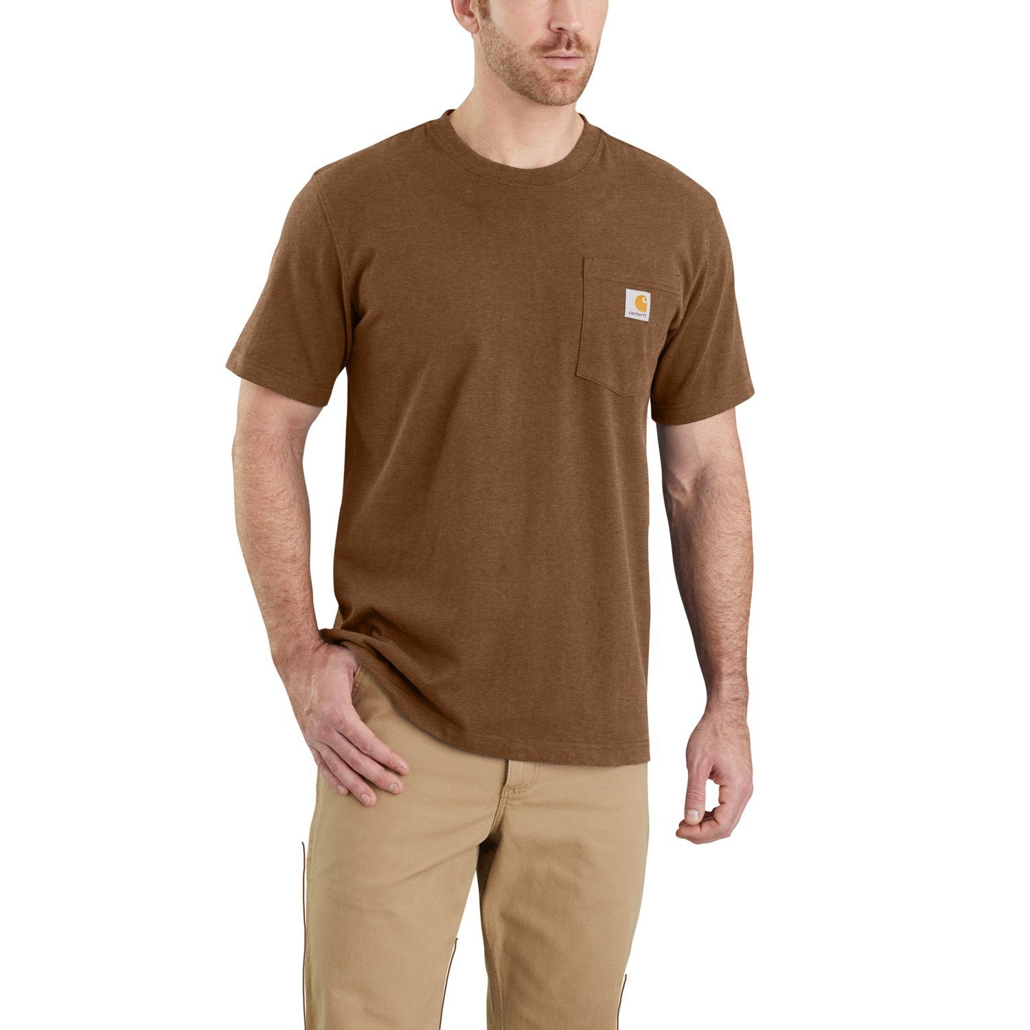 Carhartt Rundhalsshirt Carhartt K87 POCKET S/S T-SHIRT 103296 (1-tlg) Brusttasche mit Logo oiled walnut heather