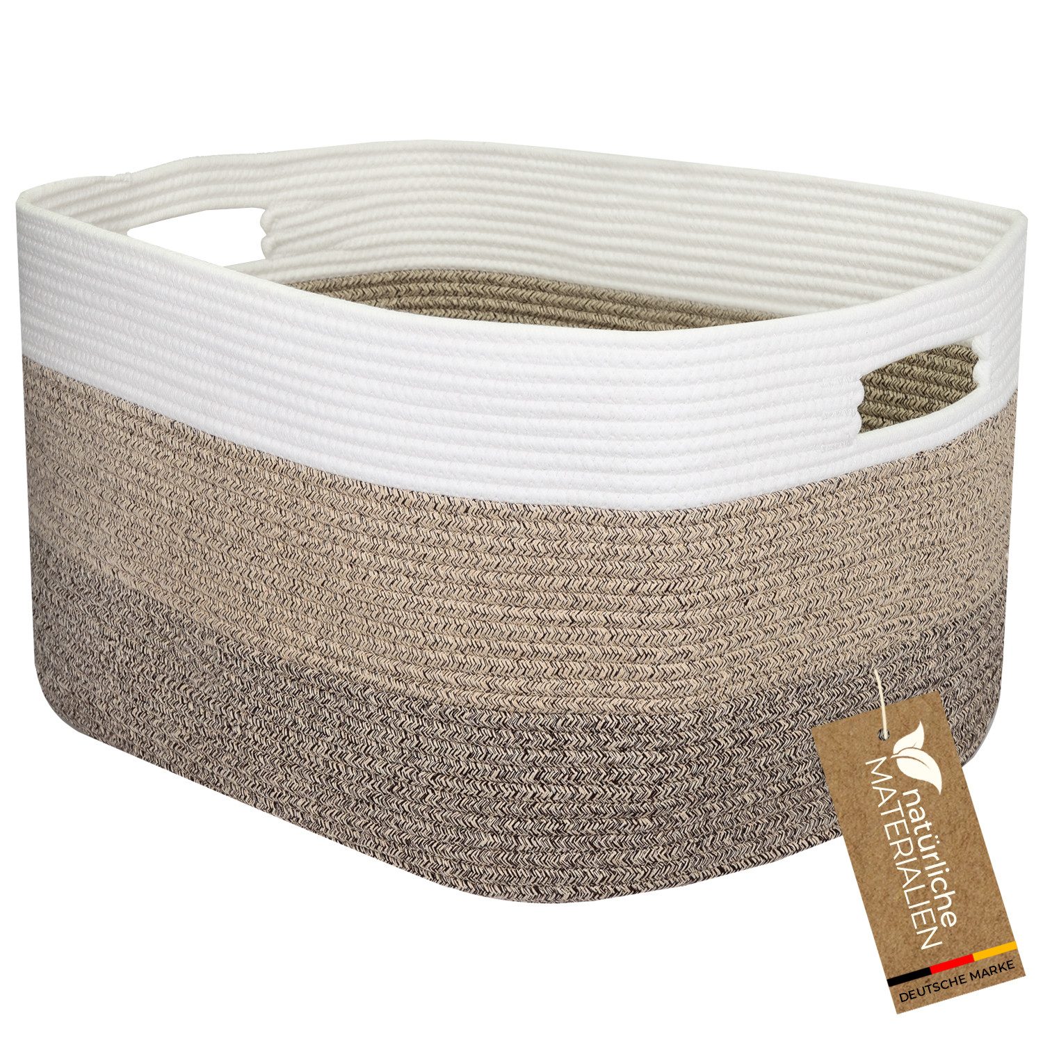 HMF Aufbewahrungskorb XXL Wäschekorb aus Baumwolle, 71 Liter, eckiger Aufbewahrungskorb mit Griffmulden, 55 x 43 x 30 cm, Weiß-Braun