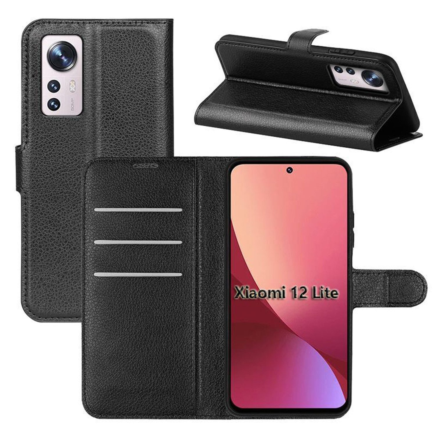 betterfon Handyhülle Handytasche für Xiaomi 12 Lite Klapphülle Schwarz, 3 Kartenfächer, Magnetverschluss & Standfunktion im Lederlook