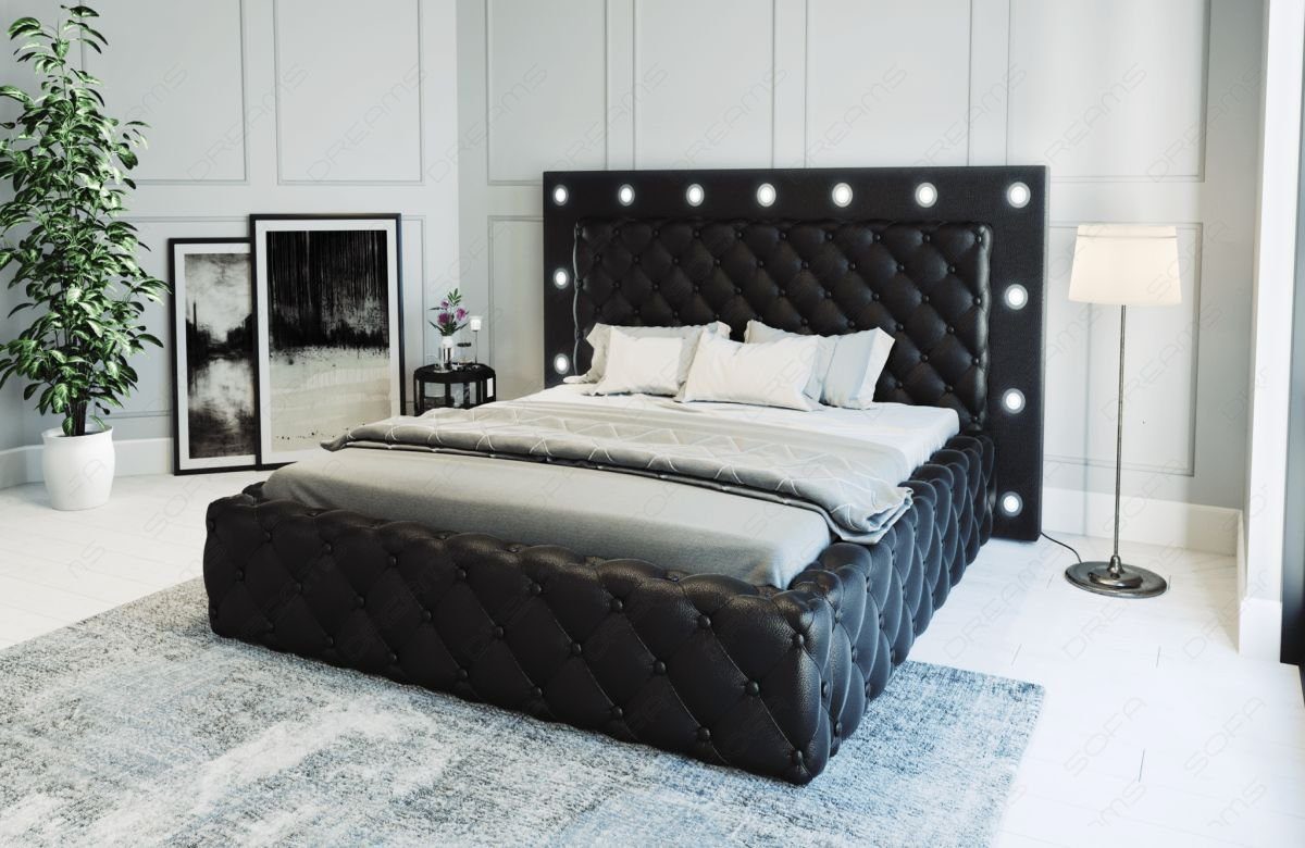 Sofa Dreams Boxspringbett LED Beleuchtung, Alessandria Premium Topper Bett Kunstleder mit mit schwarz-schwarz Komplettbett