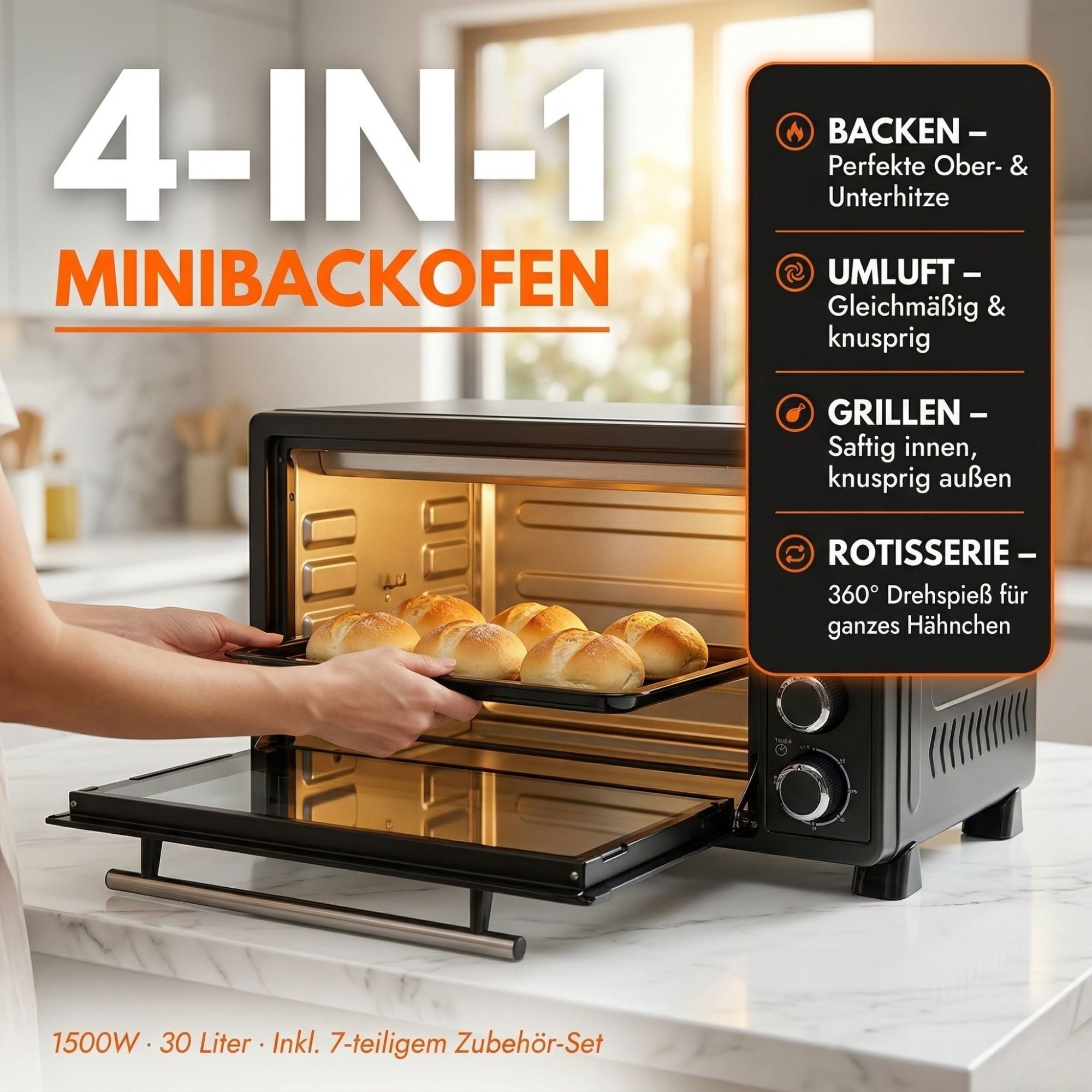Sommertal Multiofen Sommertal Minibackofen 30 Liter mit Drehspieß & Umluft, 1500W, Hähnchengrill, Backen, Grillen & Pizza, Campingbackofen, inkl. Zubehör