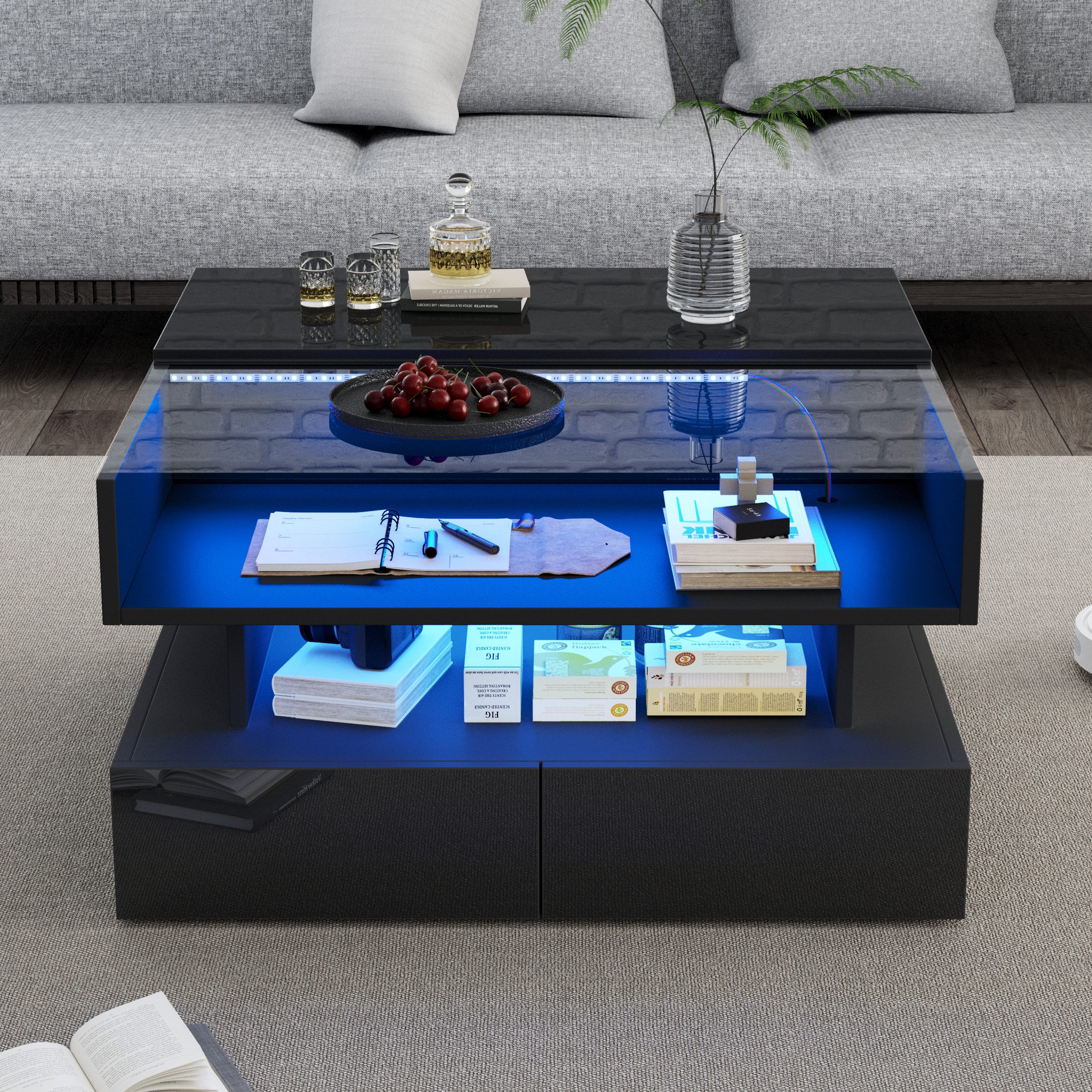Merax Couchtisch höhenverstellbar Sofatisch Hochglanz Beistelltisch mit LED-Beleuchtung (80 x 80 x 45 cm, 1-St., Tischplatte aus gehärtetem Glas und Spanplatte) – Bild 4 von 5