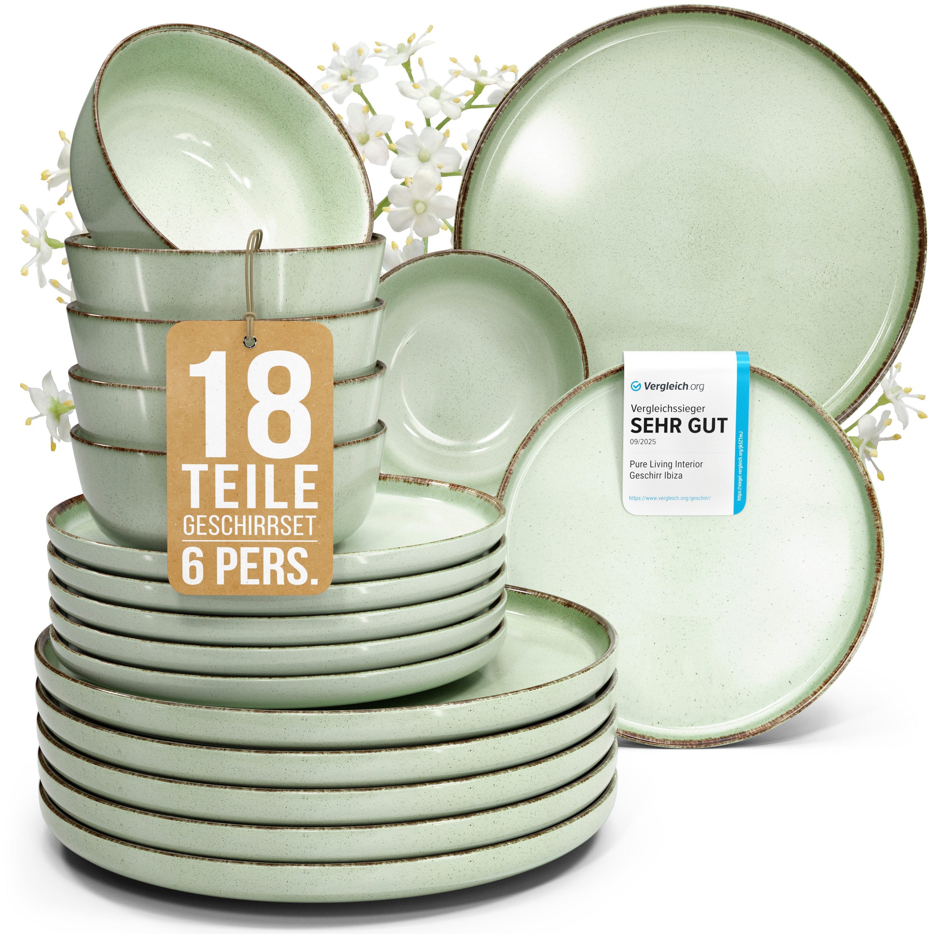 PURE LIVING INTERIOR DESIGN Geschirr-Set Rustic aus Steingut, 18-tlg., für 6 Personen, Mintgrün (18-tlg), 6 Personen, Steingut