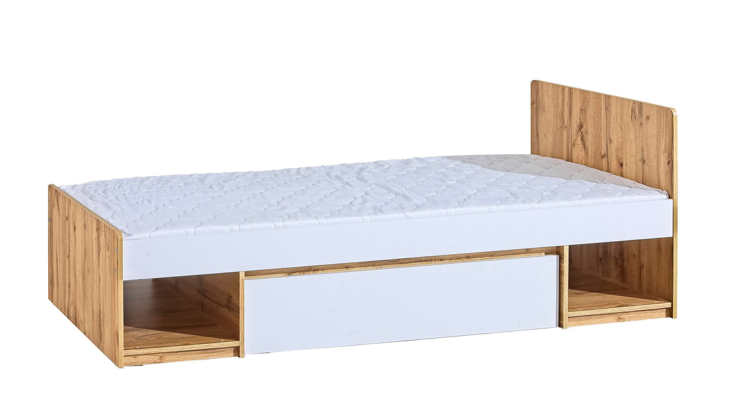 Bett), Modern für Arcola 90x200 Stylefy 2 Eiche - (Schlafzimmerbett, Fächern, Jugend Spanplatte, Jugendbett Wotan mit Weiß Schublade und Design, cm,