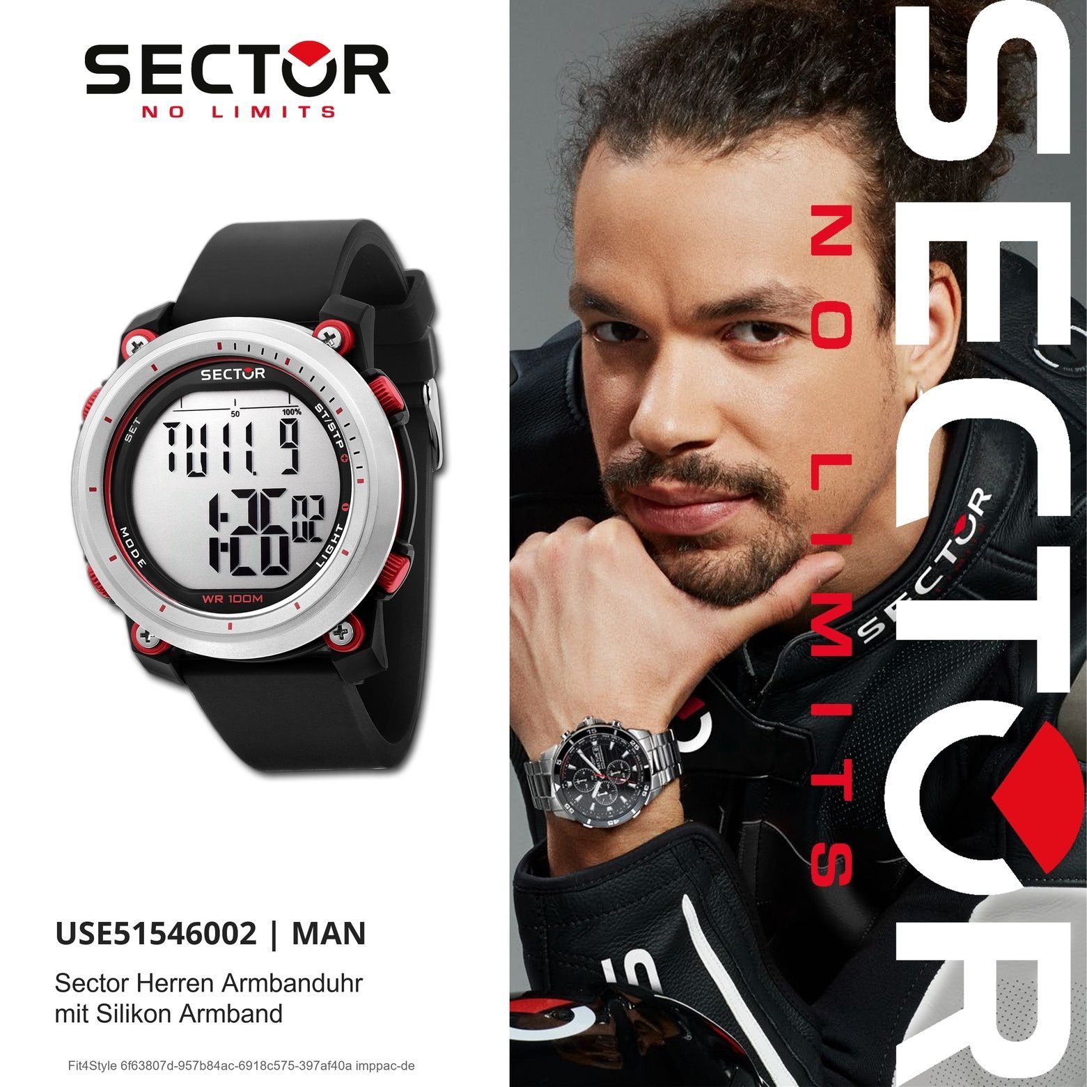 schwarz Sector 46mm), (ca. Sector Digital, Silikonarmband groß rund, extra Armbanduhr Armbanduhr Herren Herren Digitaluhr