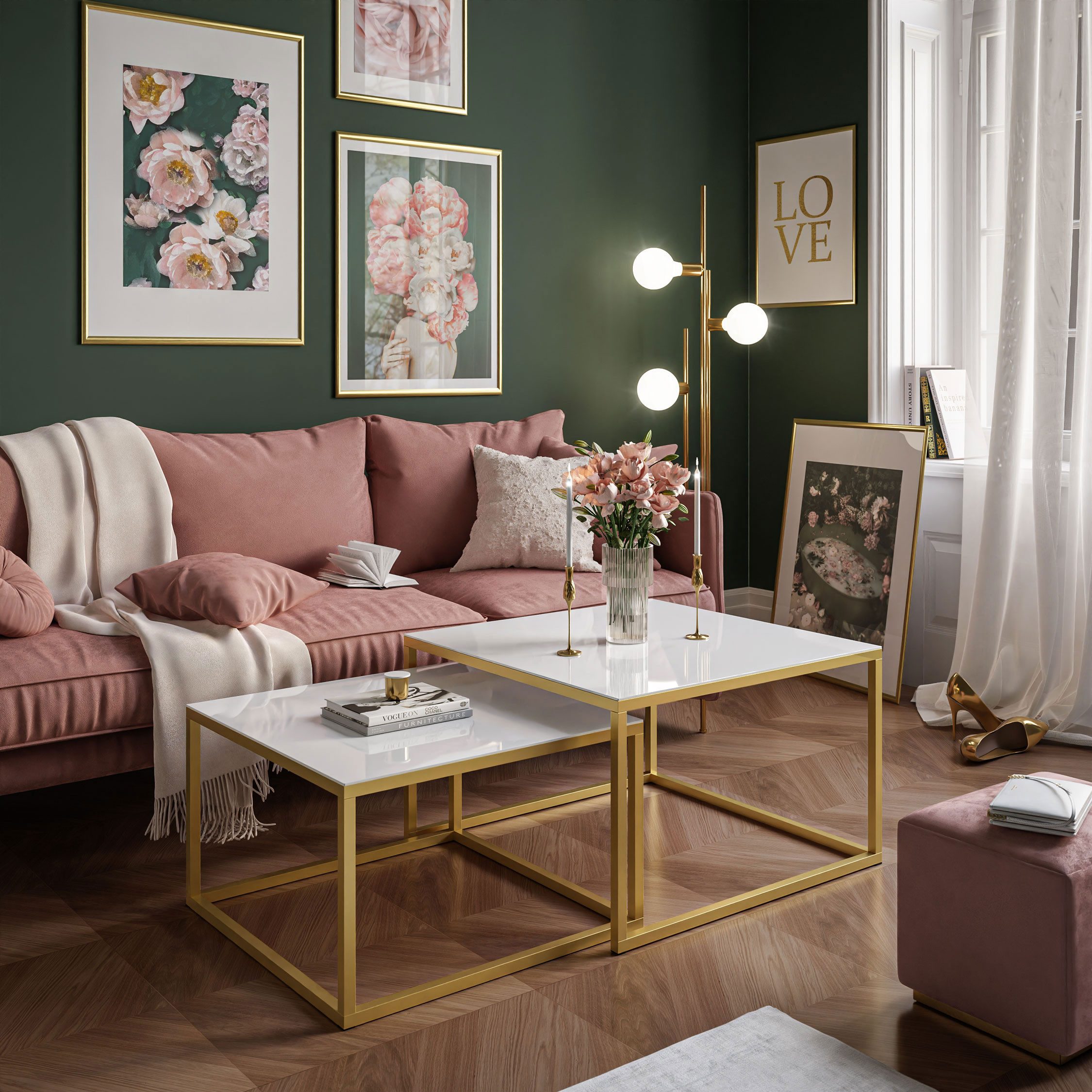 Lookway Couchtisch YOSHI GLASS 2in1 mit Glasplatte, Gestell in Gold Matt (2er-Set), Breite: 70 cm und 60 cm