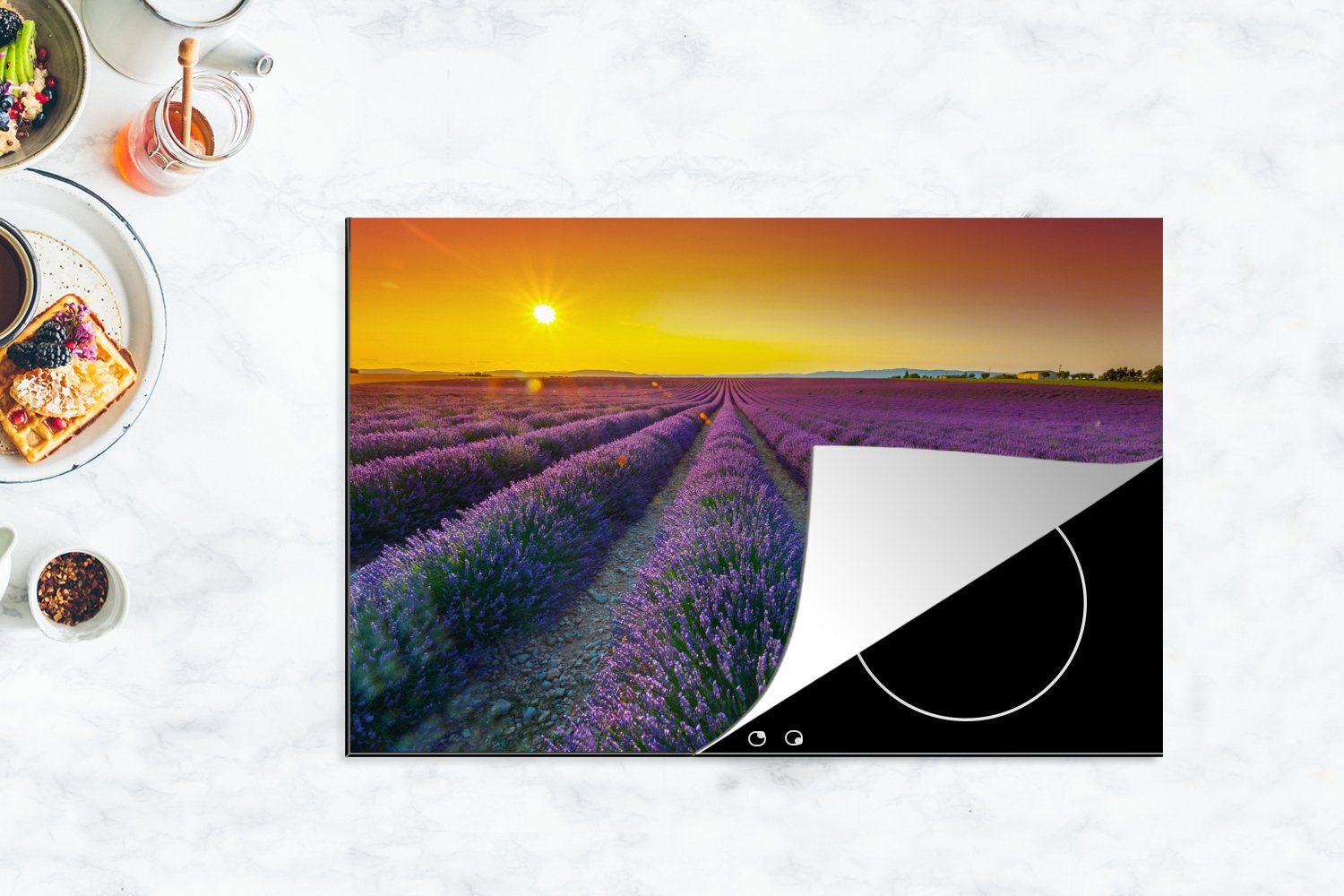 Vinyl, Herdblende-/Abdeckplatte MuchoWow Ceranfeldabdeckung Oranger Induktionskochfeld Lavendel, die einem voller tlg), küche, über für cm, (1 Schutz Sonnenuntergang Feld 81x52