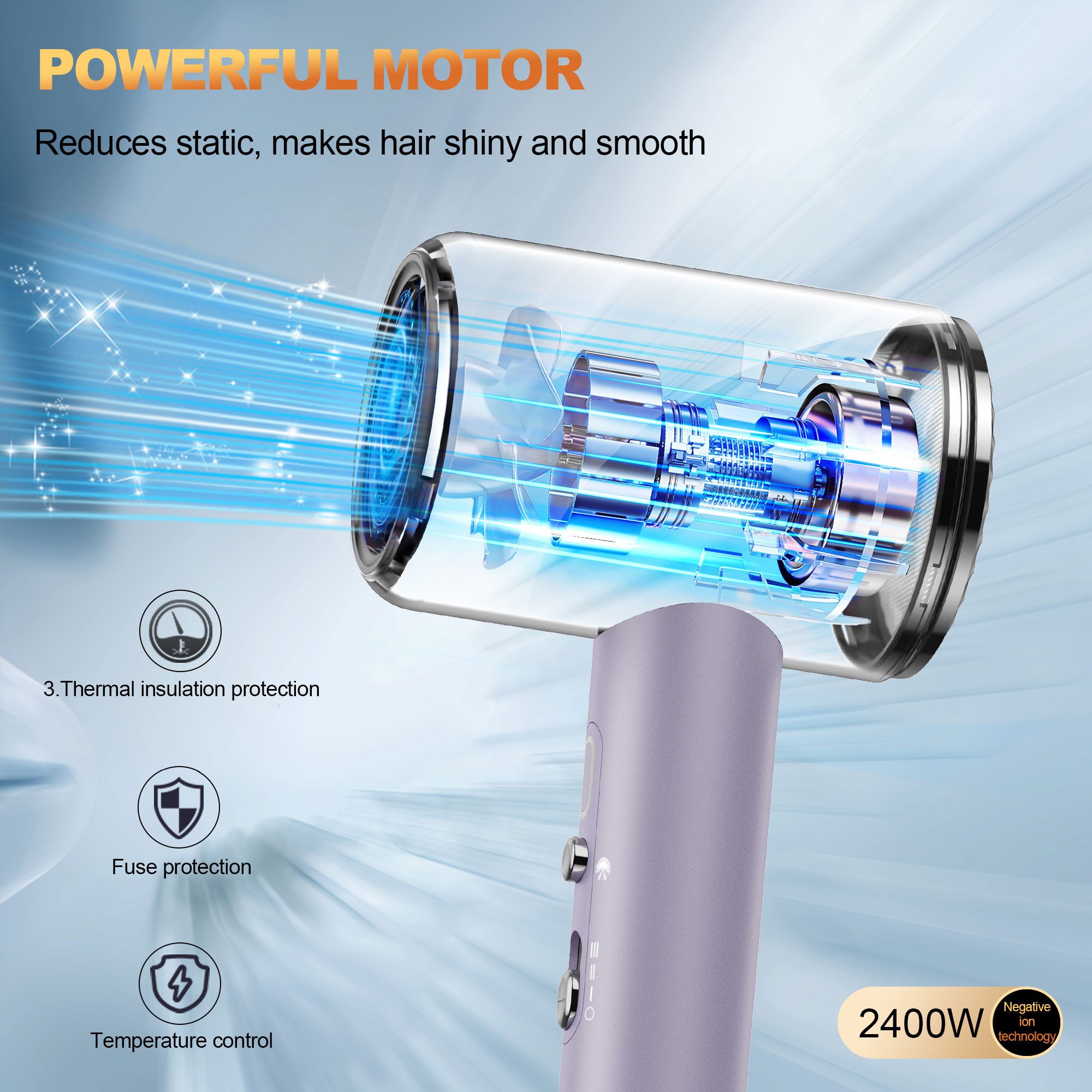 ibettertec Haartrockner Föhn,Haartrockner Ionen mit Diffusor - Konzentrator-Düse, 2400 W, Turbo-Ultra-Leise-Motor, 2 Heiz-3 Geschwindigkeitsstufen, Hair Dryer, mit Schnelle Aufheizung - Konstante Temperatur