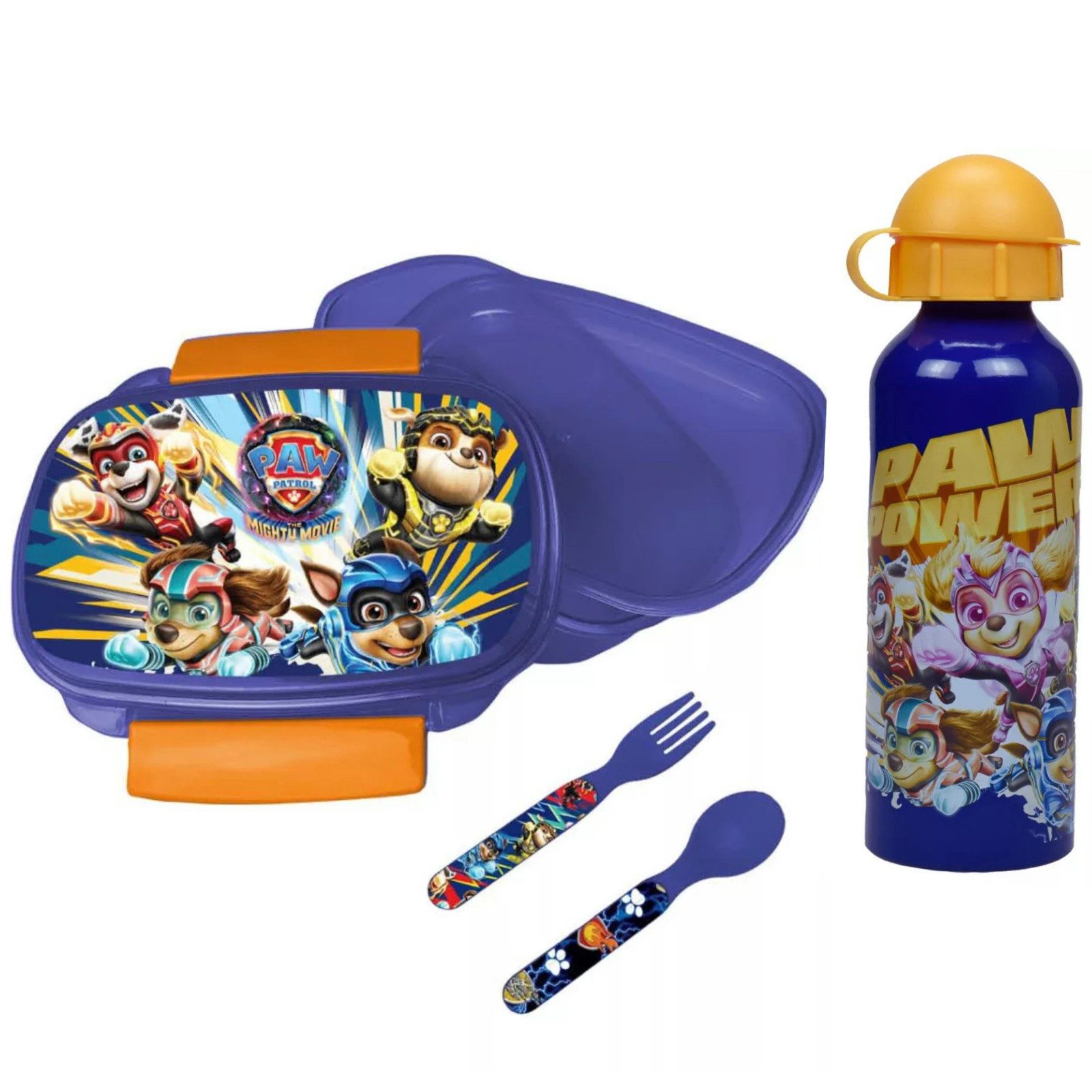 PAW PATROL Lunchbox Paw Patrol Chase 4 tlg Kinder Set Brotdose Alu-Trinkflasche Besteck, (4-tlg., Spar-Set)