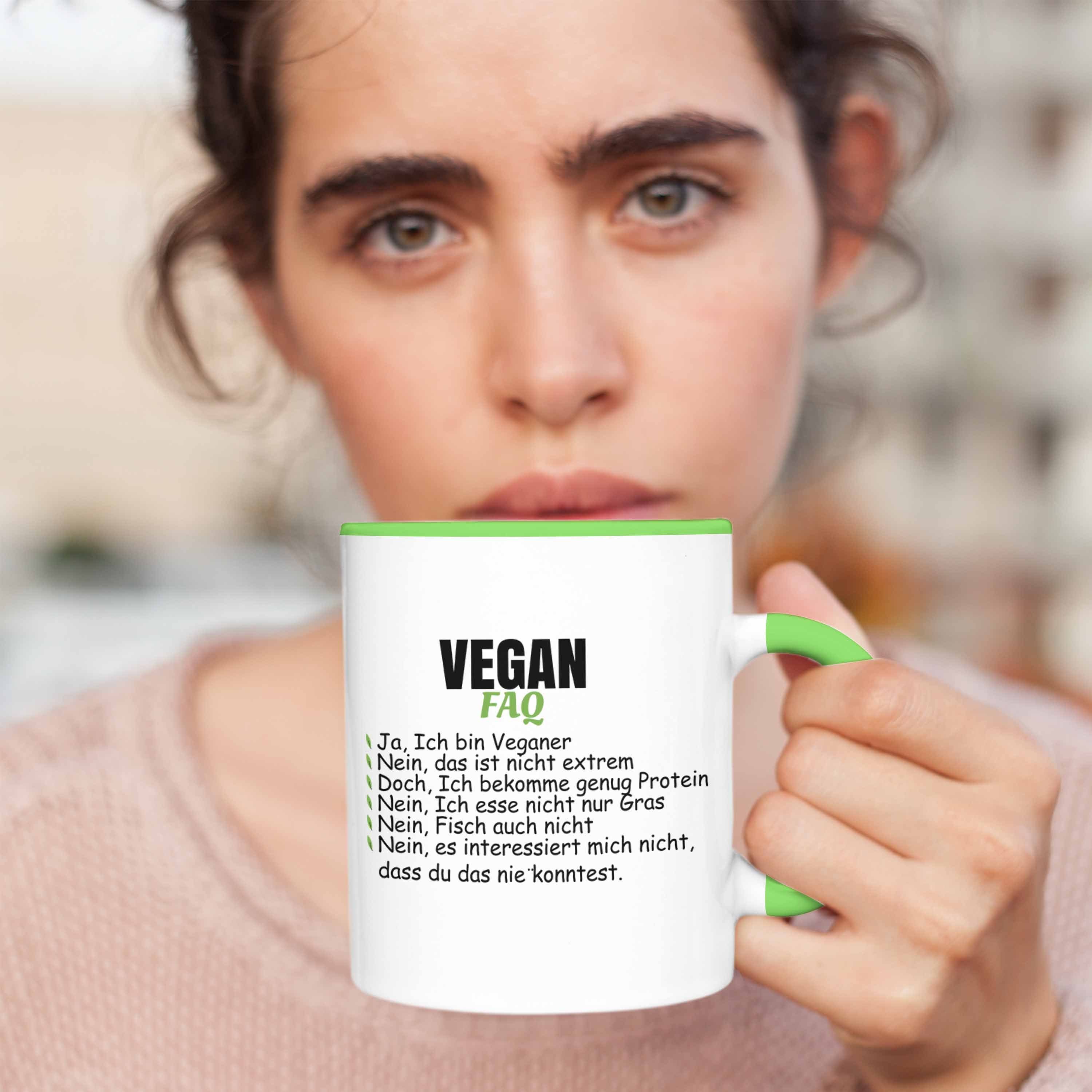 Trendation Tasse Vegan FAQ Lustiger Tasse Grün Veganer Vegane Lebensweise Geschenk Geschenkidee - Spruch Spruch Trendation