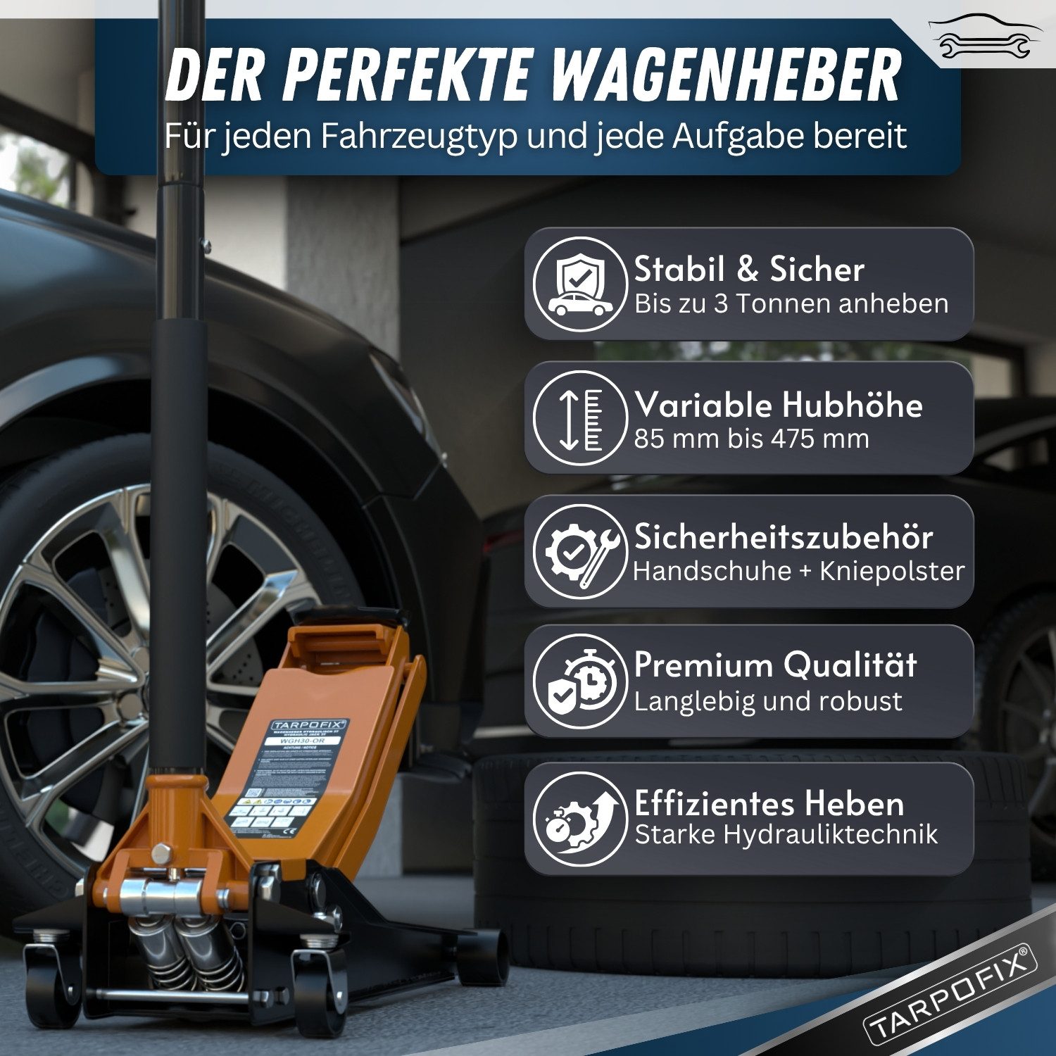 Tarpofix® Wagenheber Tarpofix® Hydraulischer Wagenheber 3t mit Doppelzylinder, max. Hubhöhe: 47.5 cm, Robuster Hydraulikheber mit 85 - 475 mm Hubhöhe