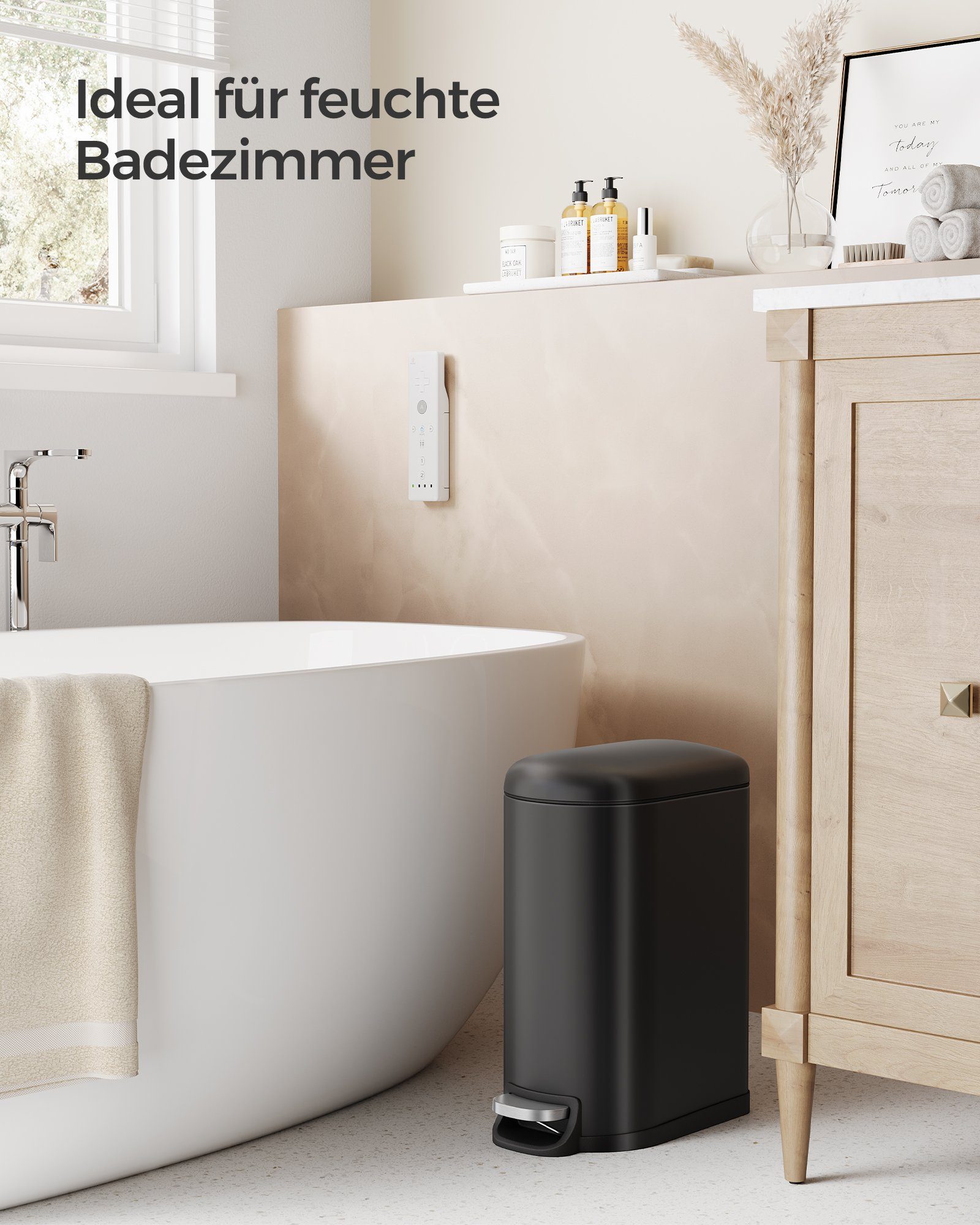 SONGMICS Kosmetikeimer 10 L, Mülleimer Bad, schmal für kleine Räume, Softclose, 25x35x17 cm, mit Deckel, Tretmülleimer, Abfalleimer klein, Stahl, tintenschwarz