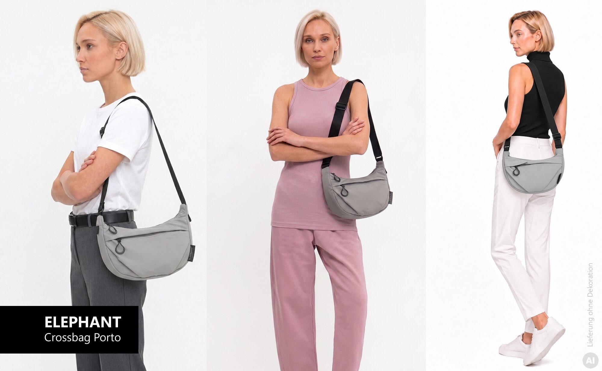 ELEPHANT Handtasche Crossbag Moon Bag Schultertasche Slingbag klein, Damentasche Damen Freizeittasche Umhängetasche Halbmond 3732 + Etui – Bild 5 von 5