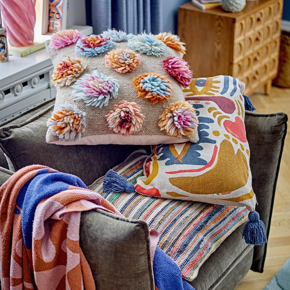 Bloomingville Dekokissen Somma Kissen, Bunt, Wolle, L50xW50 cm, Wohntextil, Sofadeko, Blumenmotiv, Getuftet, Strukturmix, Canvas