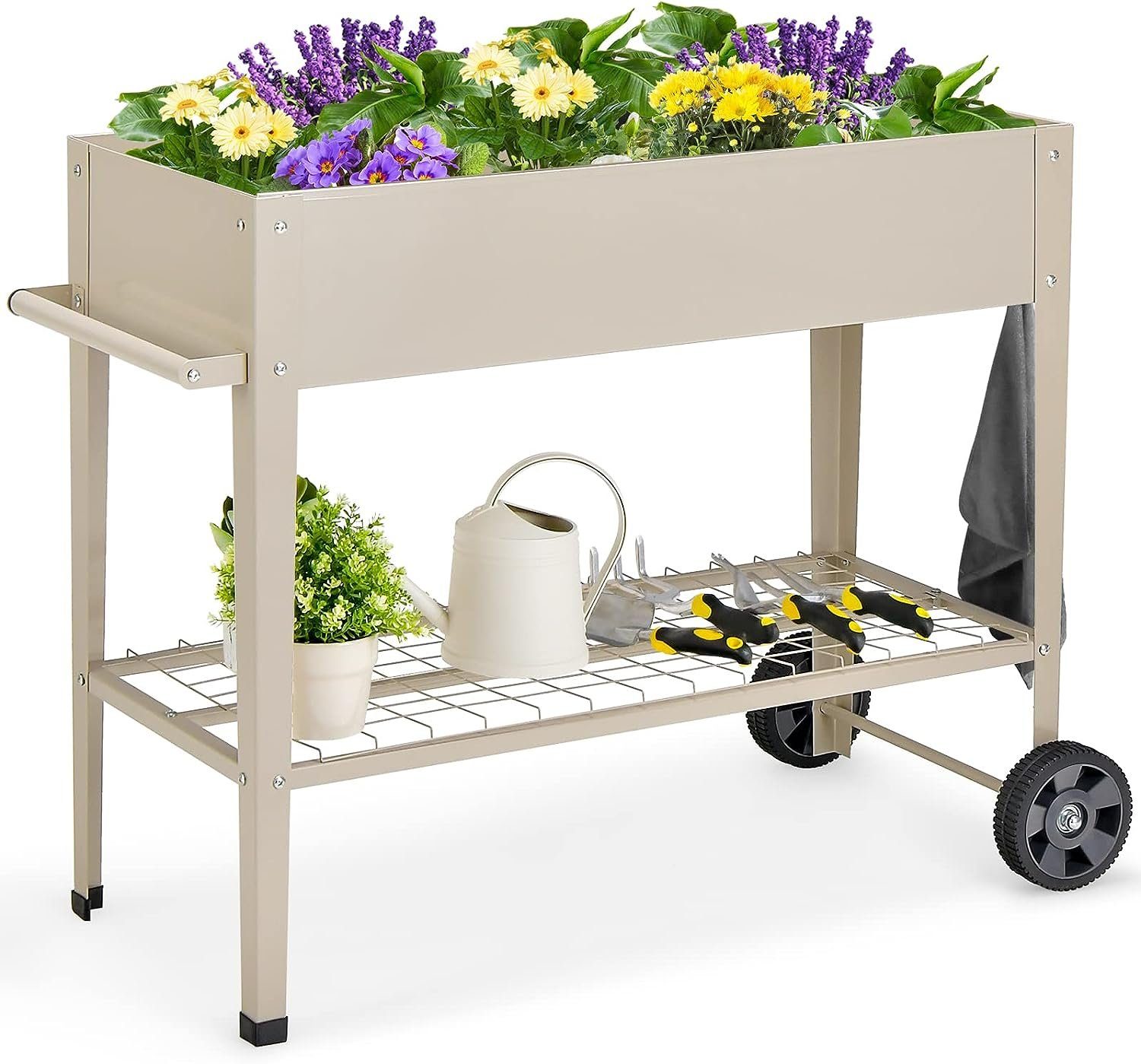 KOMFOTTEU Hochbeet Gartenbeet, mit Bodenregal, Griff, Haken & Drainageloch
